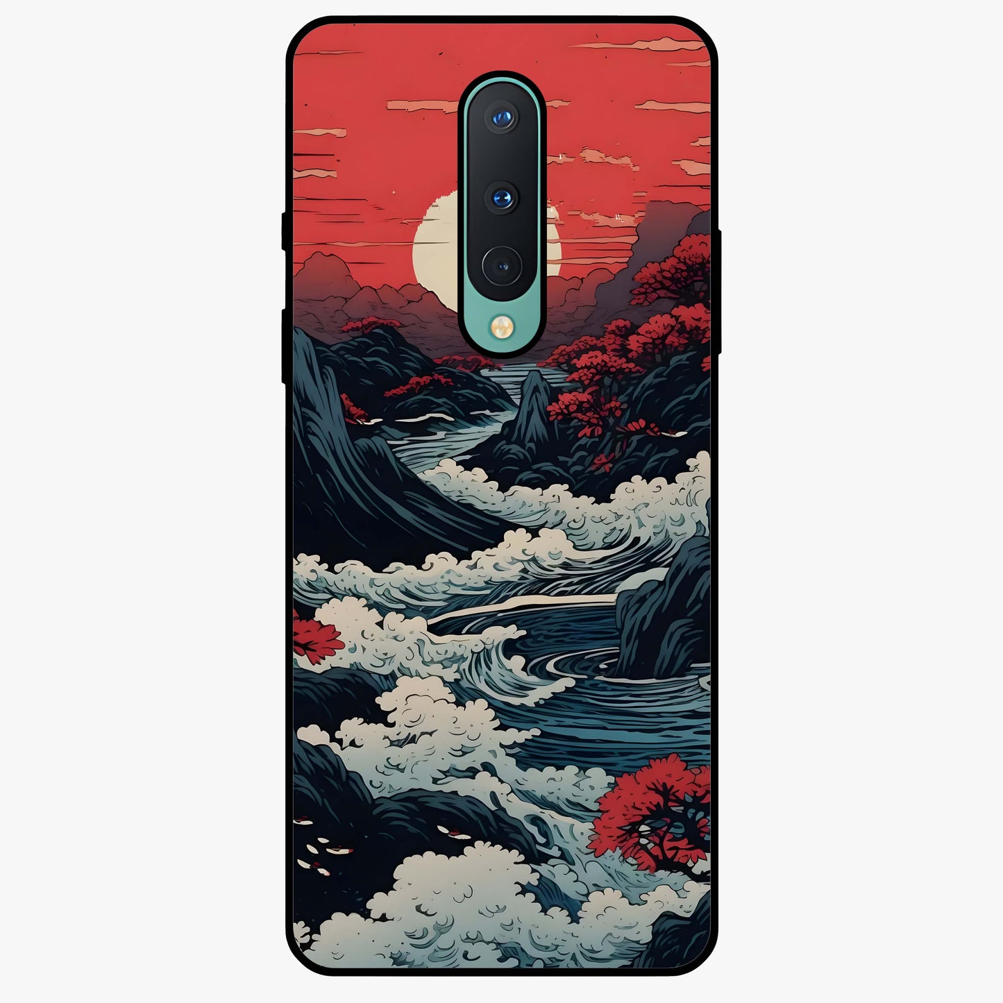Red Sunset Scenery Glass Case showing flat back view with vibrant sunset landscape artwork and glossy glass finish.