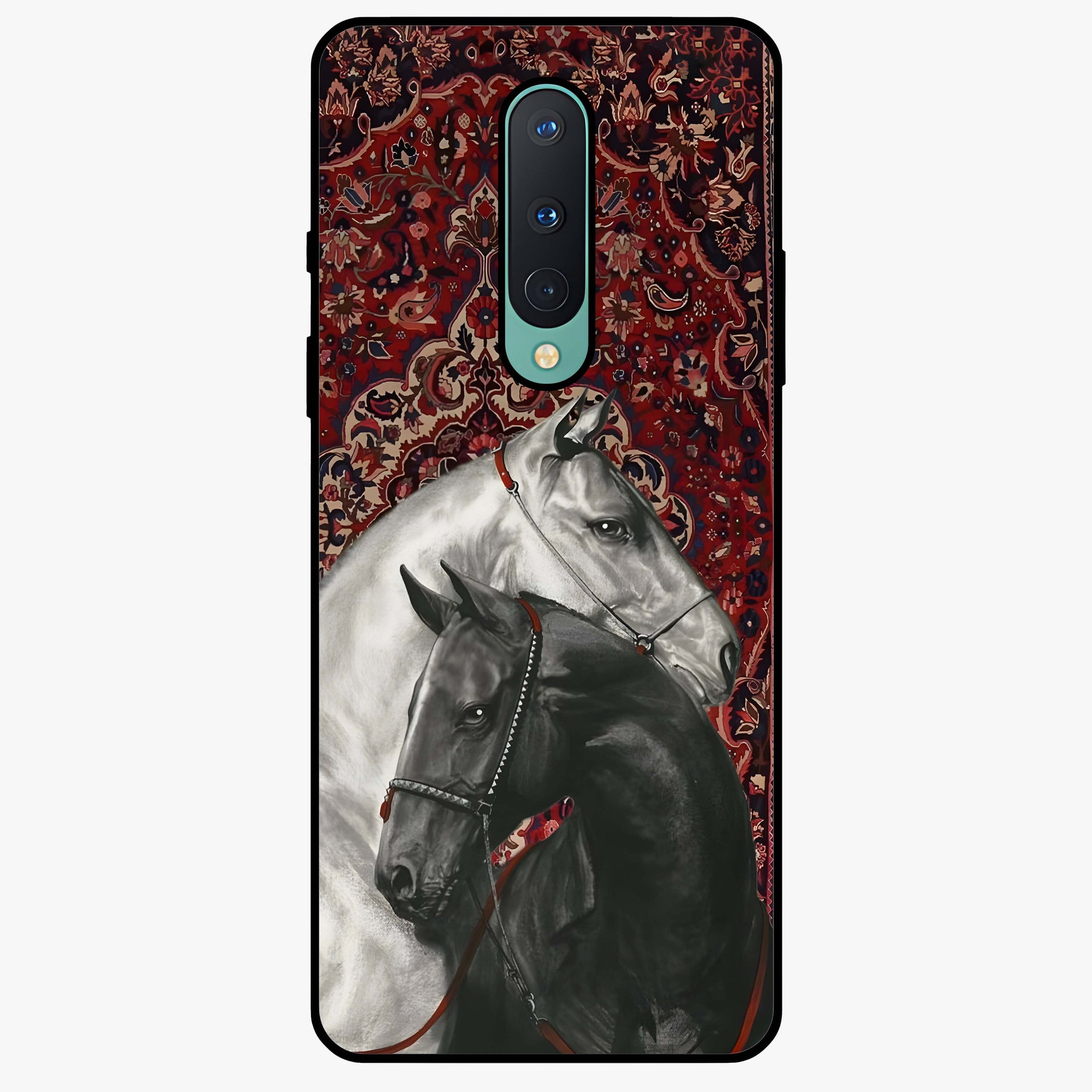 Regal Stallion Tapestry Glass Case showing flat back view with majestic horse tapestry artwork and glossy glass finish.