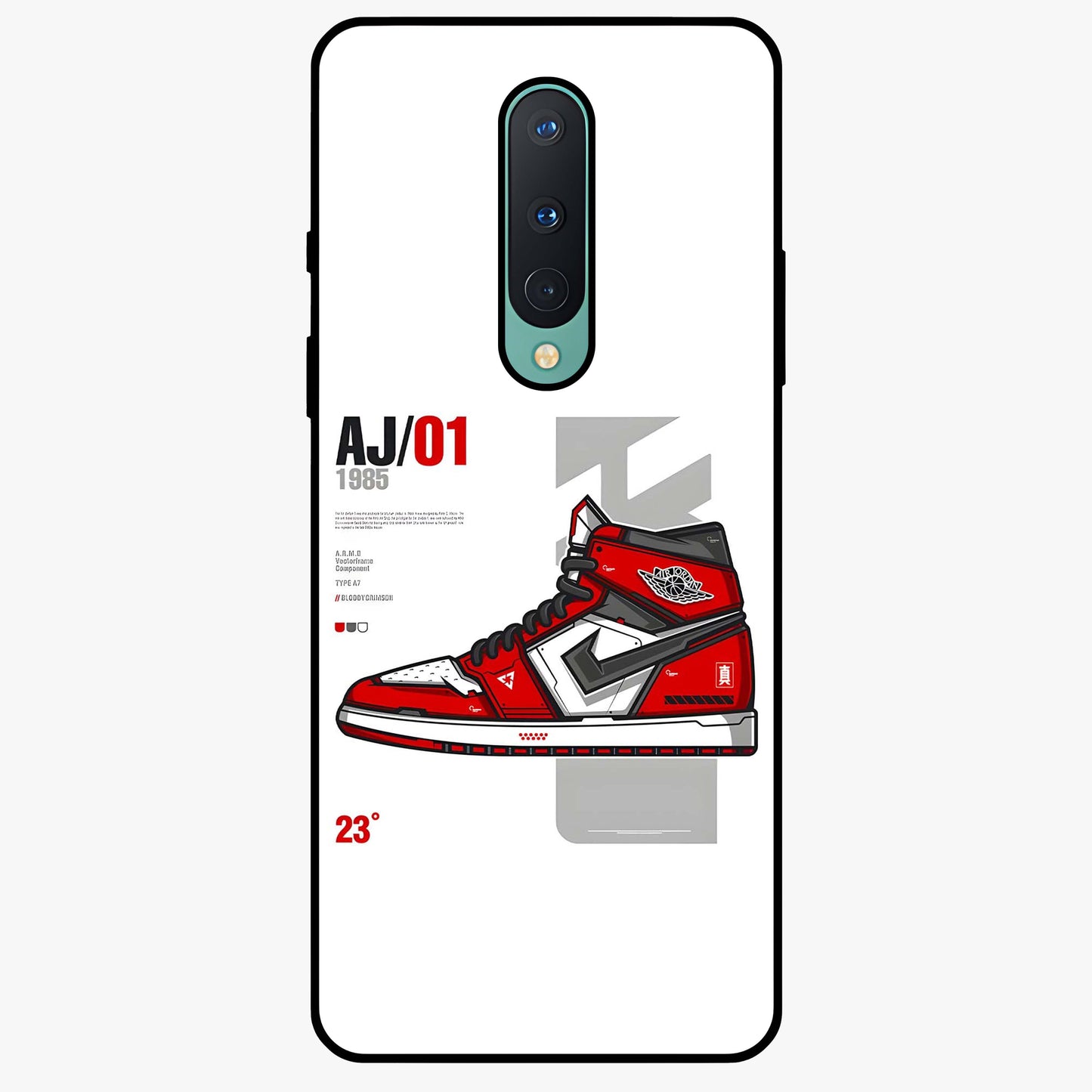 Retro Sneaker Blueprint Glass Case showing flat back view with sneaker blueprint style artwork and glossy glass finish.