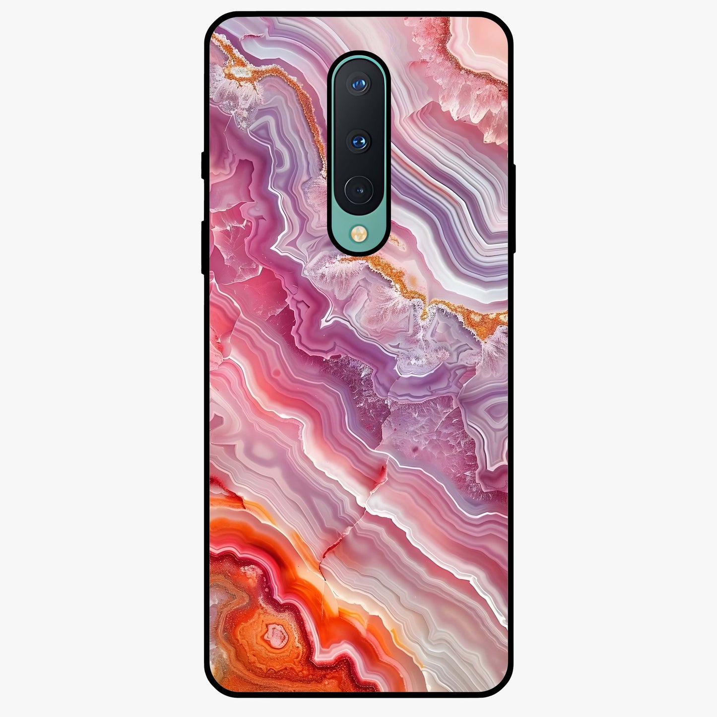 Rose Quartz Marble Glass Case showing flat back view with pink marble quartz texture artwork and glossy glass finish.