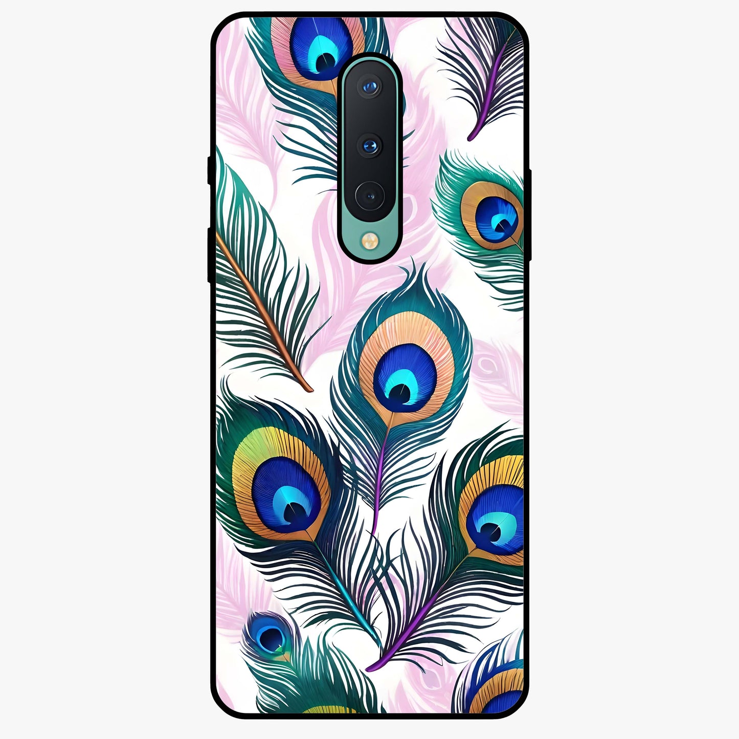 Royal Peacock Feathers Glass Case showing flat back view with colorful peacock feather artwork and glossy glass finish.