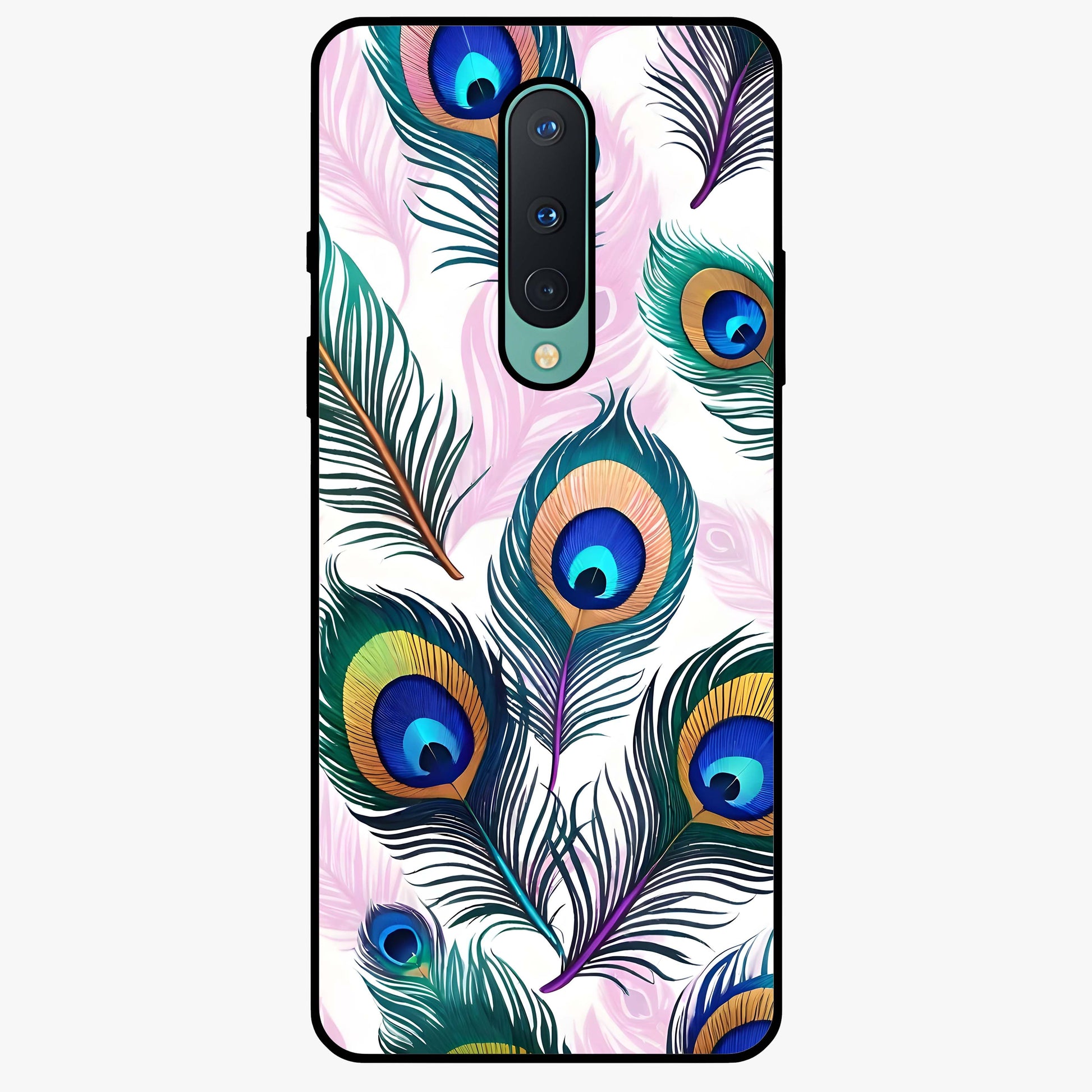 Royal Peacock Feathers Glass Case showing flat back view with colorful peacock feather artwork and glossy glass finish.