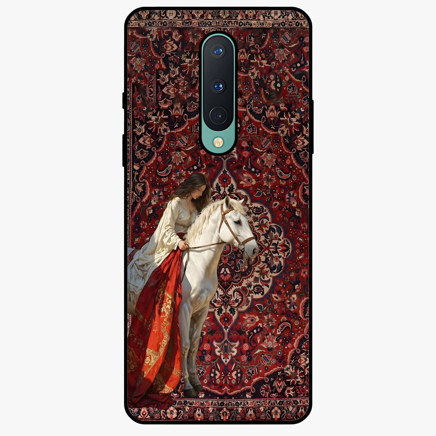 Royal Rider Tapestry Glass Case showing flat back view with majestic horse rider tapestry artwork and glossy glass finish.