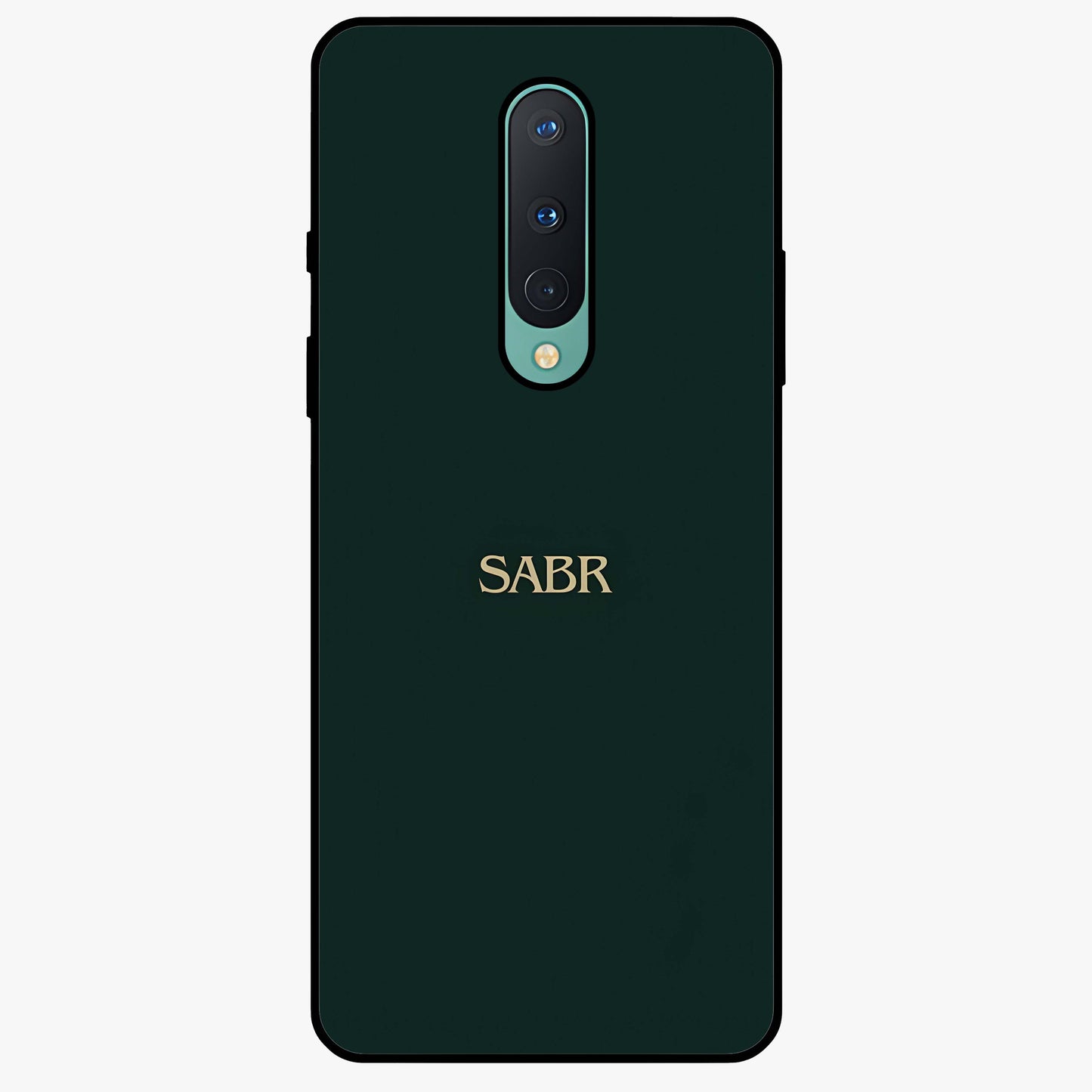 Sabr Minimal Patience Glass Case showing flat back view with minimalist typography artwork and glossy glass finish.