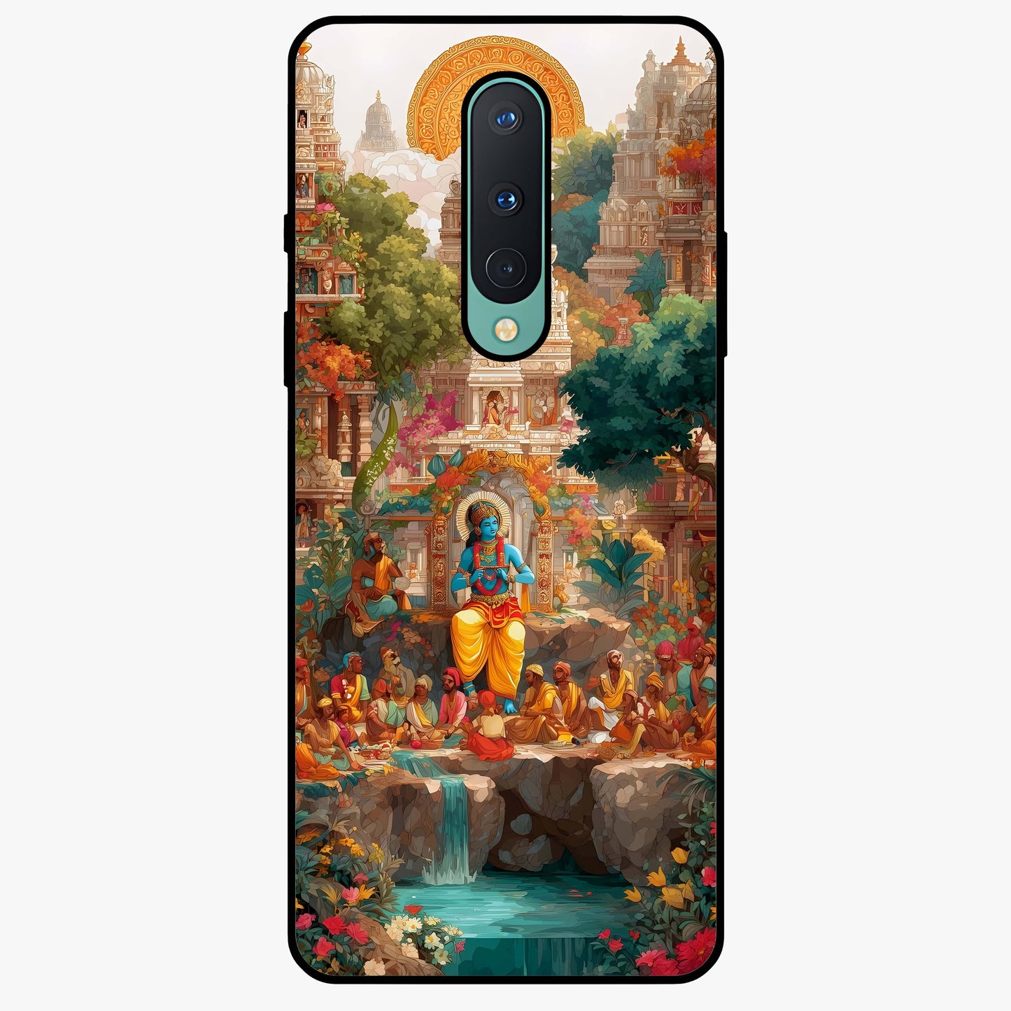 Sacred Sunlight Gods Glass Case showing flat back view with divine sunlight themed artwork and glossy glass finish.