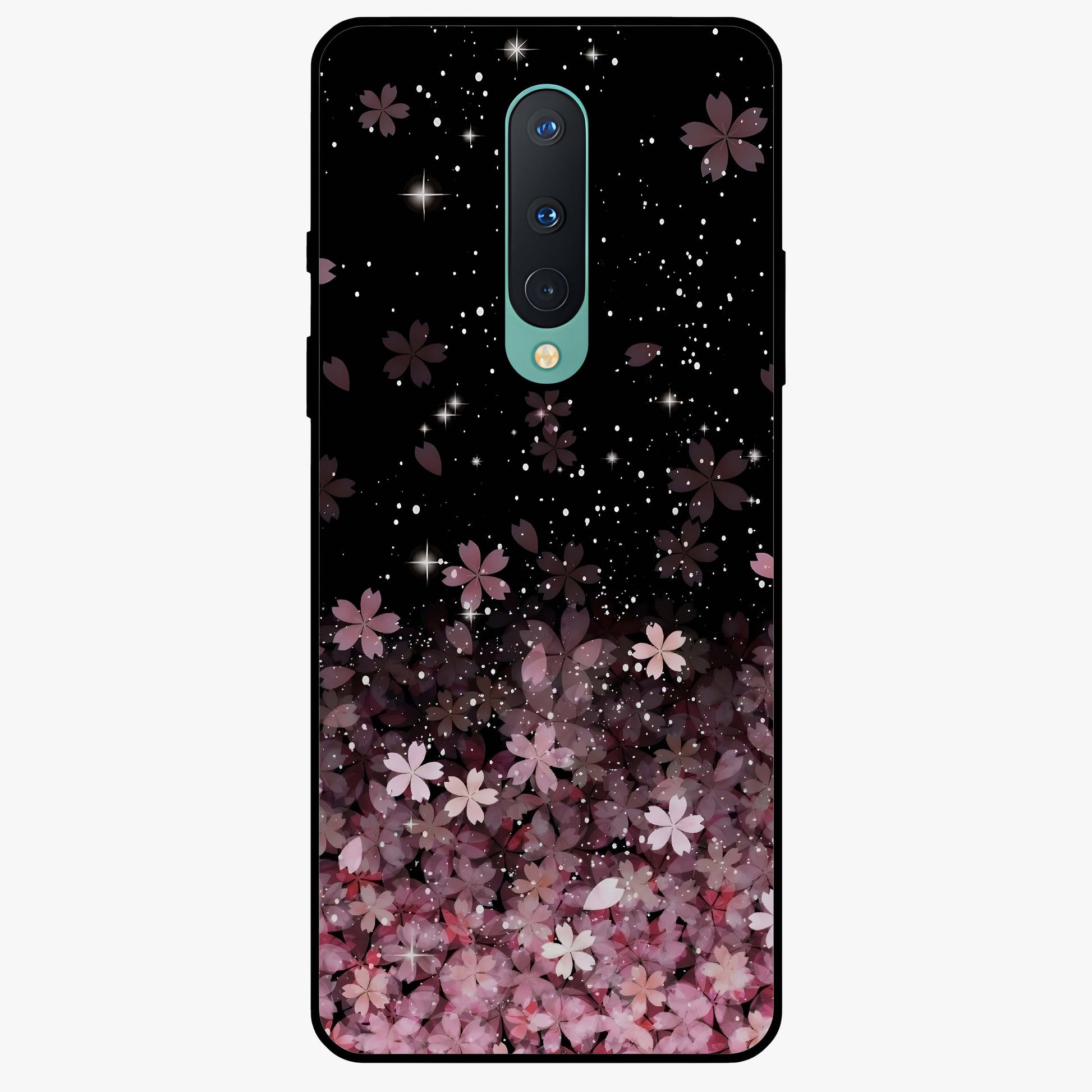 Small Starry Flowers Glass Case showing flat back view with delicate starry floral artwork and glossy glass finish.