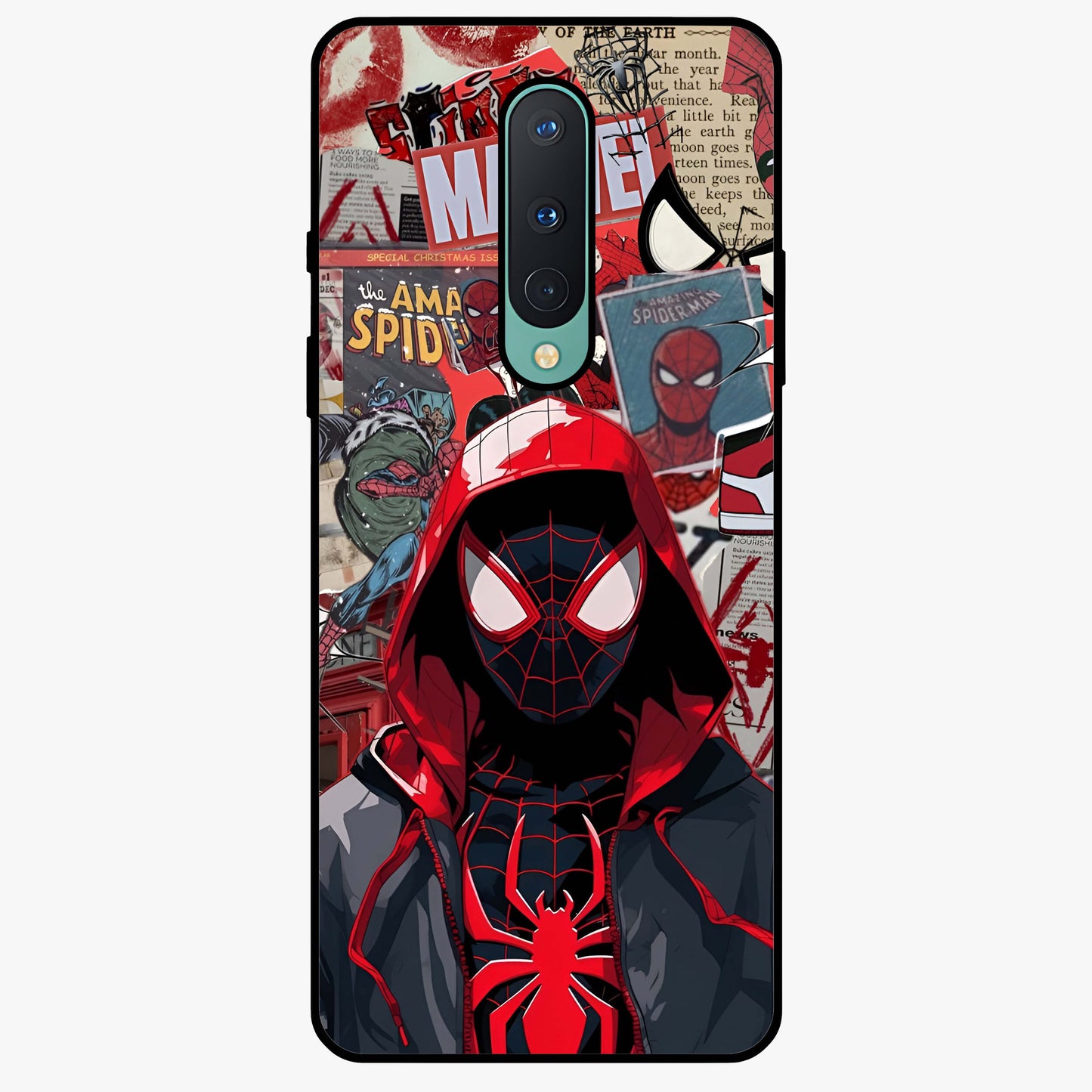 Spider Collage Street Glass Case showing flat back view with vibrant superhero collage artwork and glossy glass finish.