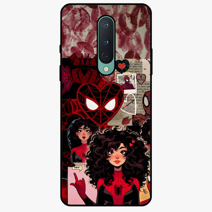 Spider Love Story Glass Case showing flat back view with romantic superhero themed artwork and glossy glass finish.