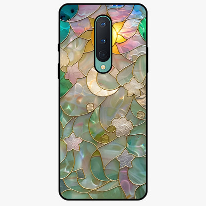 Stained Sunrise Glow Glass Case showing flat back view with glowing sunrise stained pattern artwork and glossy glass finish.