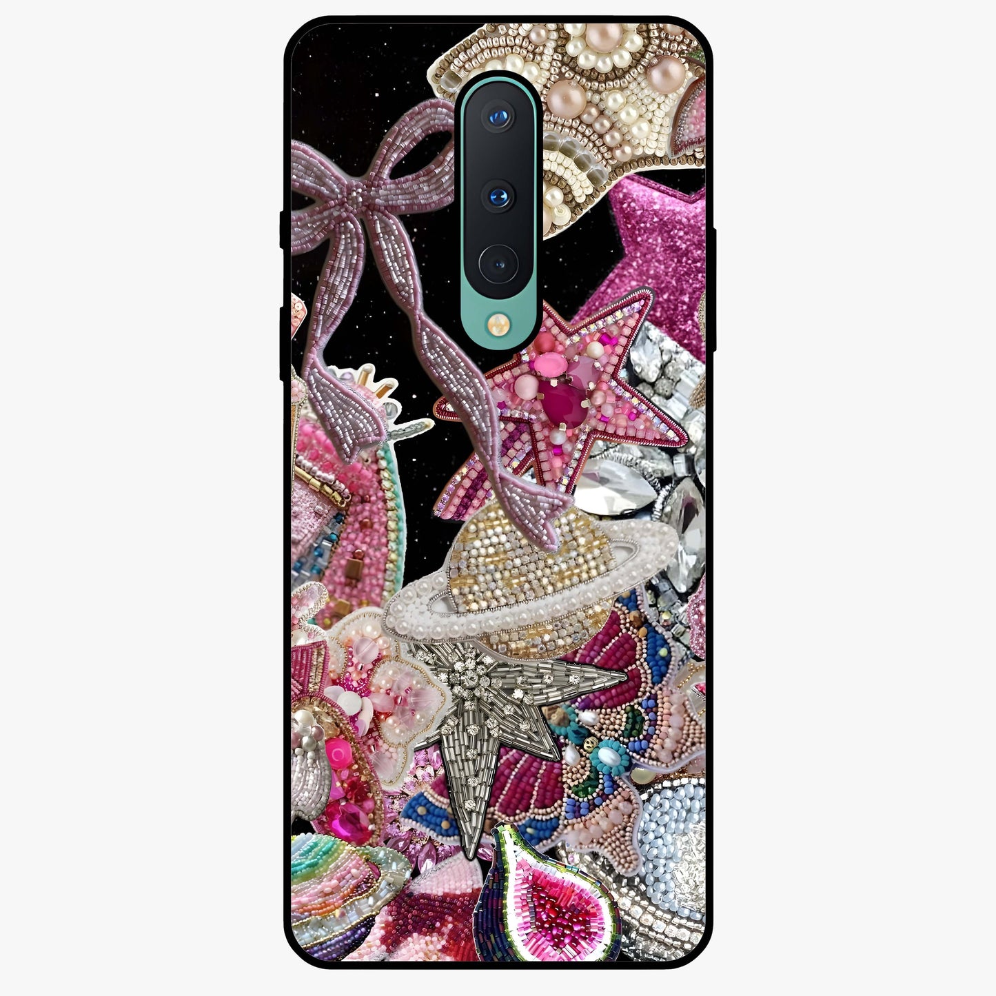 Starlit Jewel Dream Glass Case showing flat back view with sparkling jewel and star themed artwork and glossy glass finish.