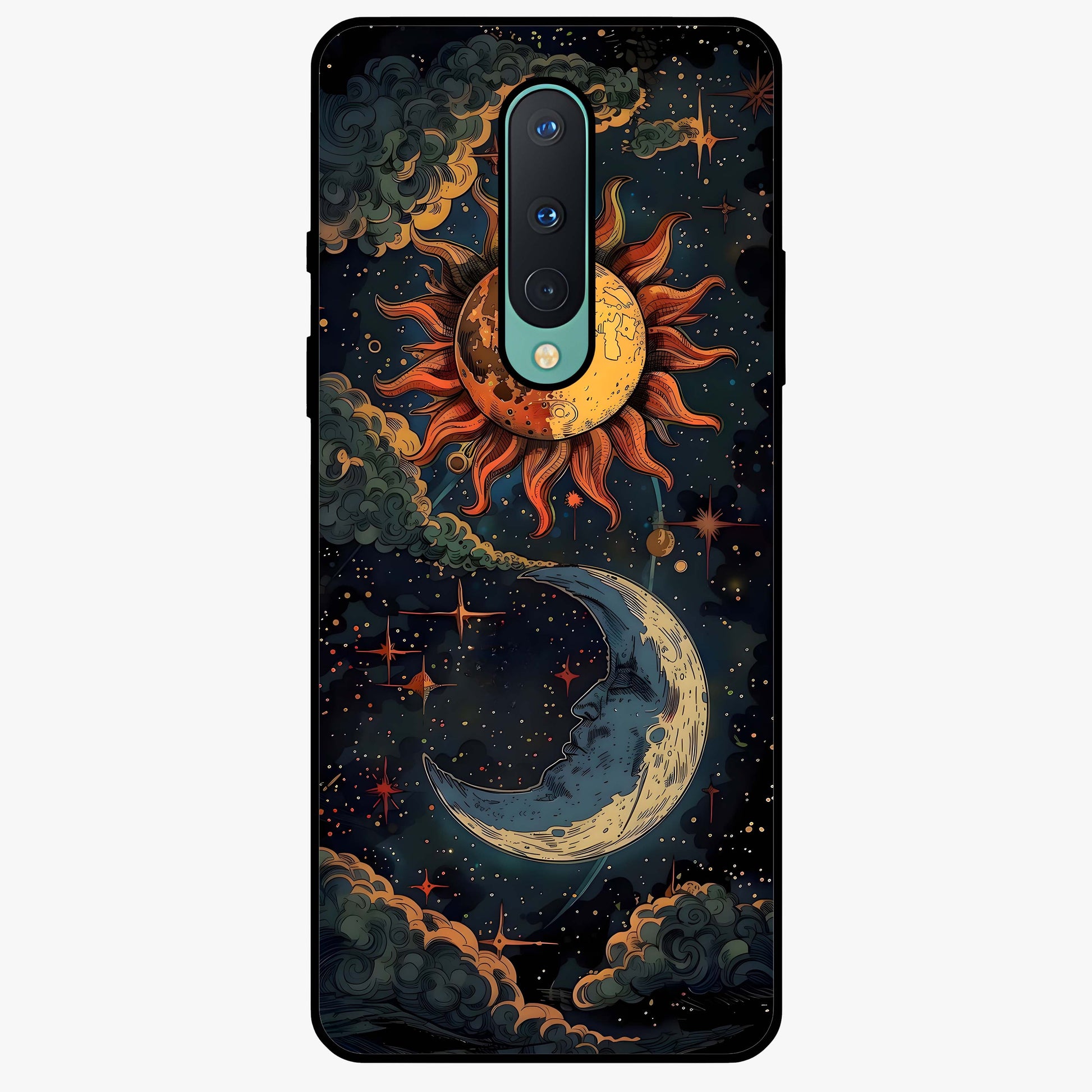 Sun And Moon Magic Design Glass Case showing flat back view with mystical sun and moon artwork and glossy glass finish.