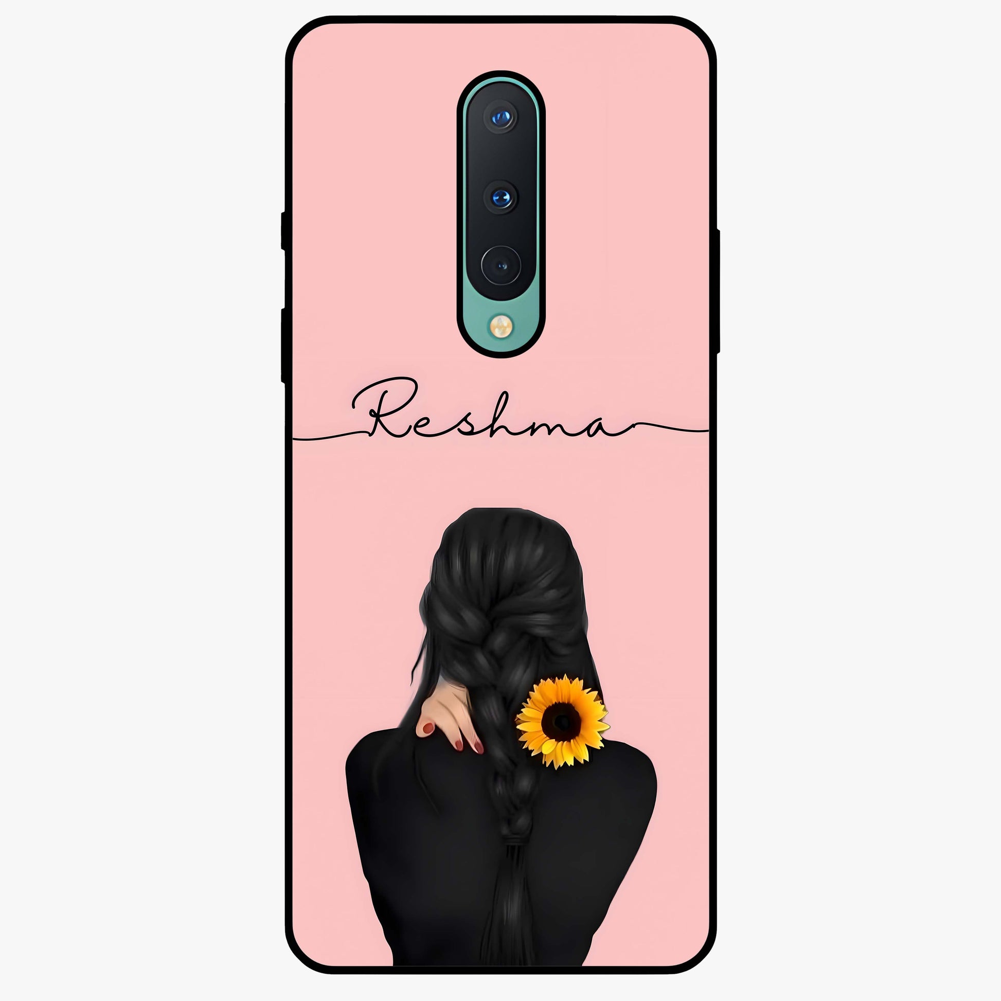 Sunflower Braid Beauty With Custom Name Glass Case showing flat back view with sunflower braid artwork and personalized name design.