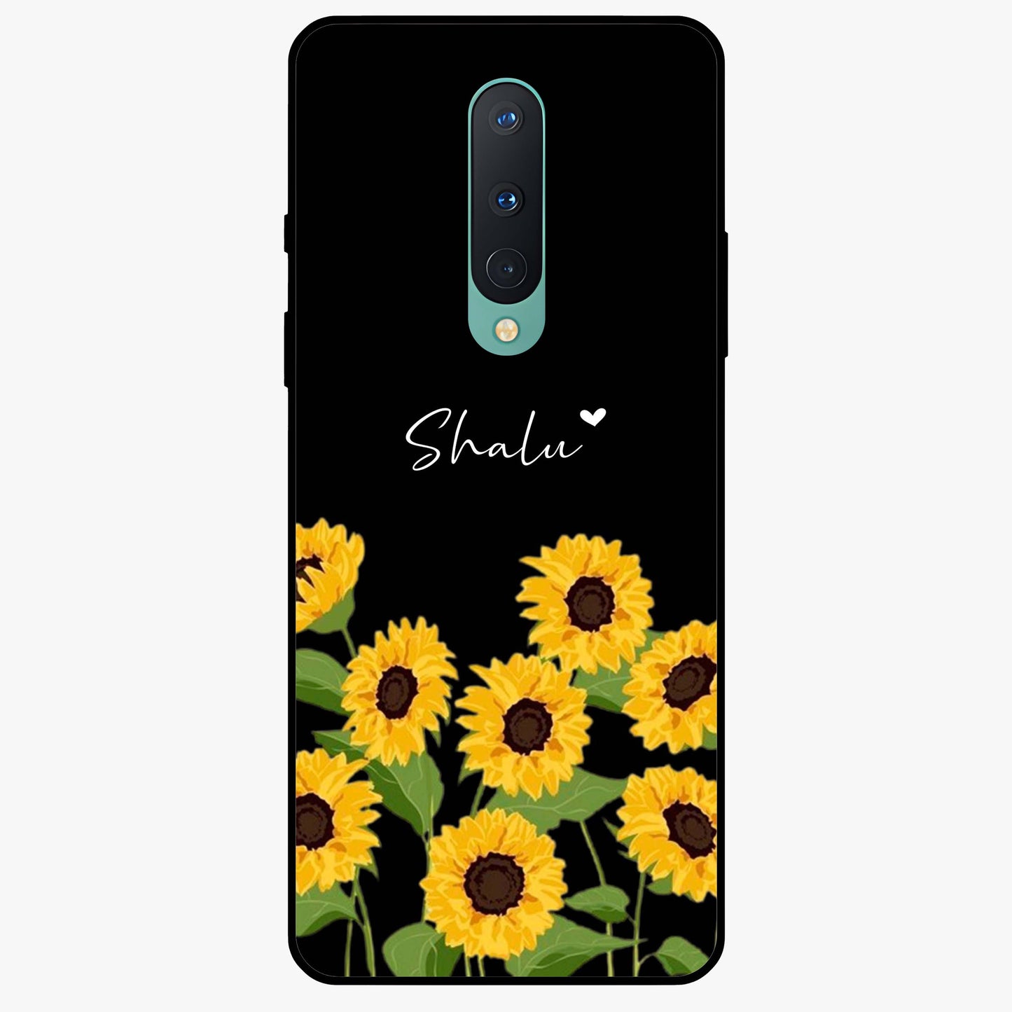 Sunflower Chic Mood Custom Name Glass Case showing flat back view with stylish sunflower artwork and personalized name design.