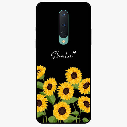 Sunflower Chic Mood Custom Name Glass Case showing flat back view with stylish sunflower artwork and personalized name design.