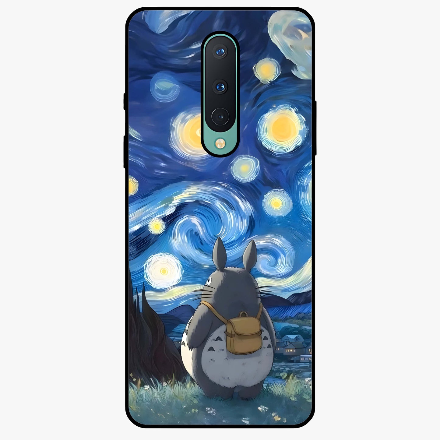 Totoro In Van Gogh Art Glass Case showing flat back view with whimsical character artwork inspired by Van Gogh style and glossy glass finish.