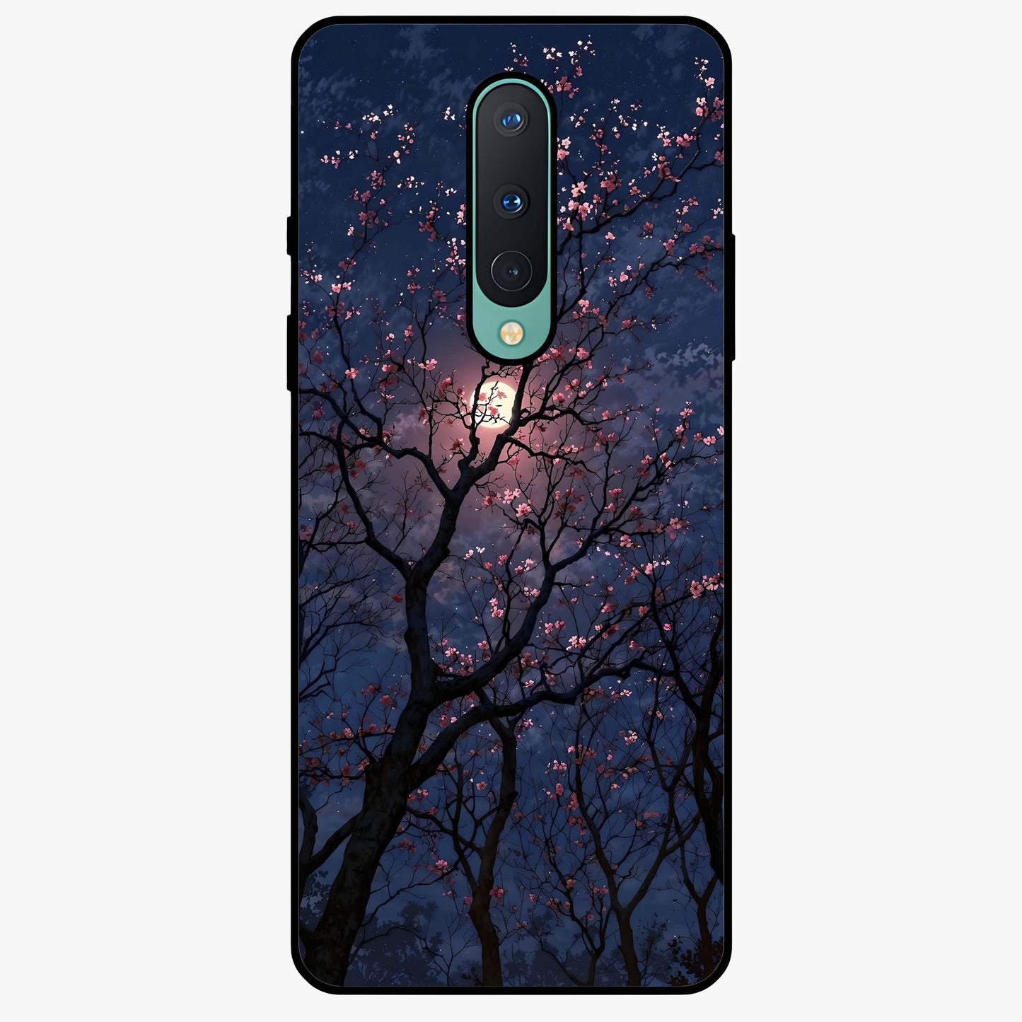 Twilight Sakura Serenade Glass Case showing flat back view with cherry blossom artwork at twilight and glossy glass finish.