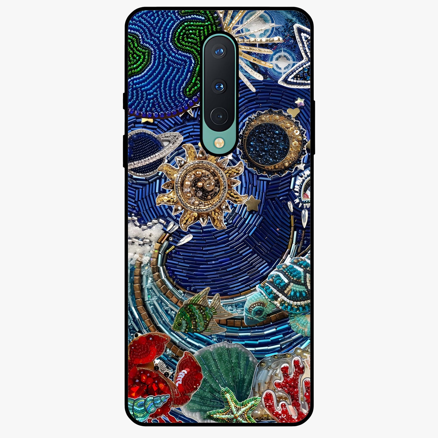 Universe Underwater Spark Glass Case showing flat back view with cosmic underwater themed artwork and glossy glass finish.