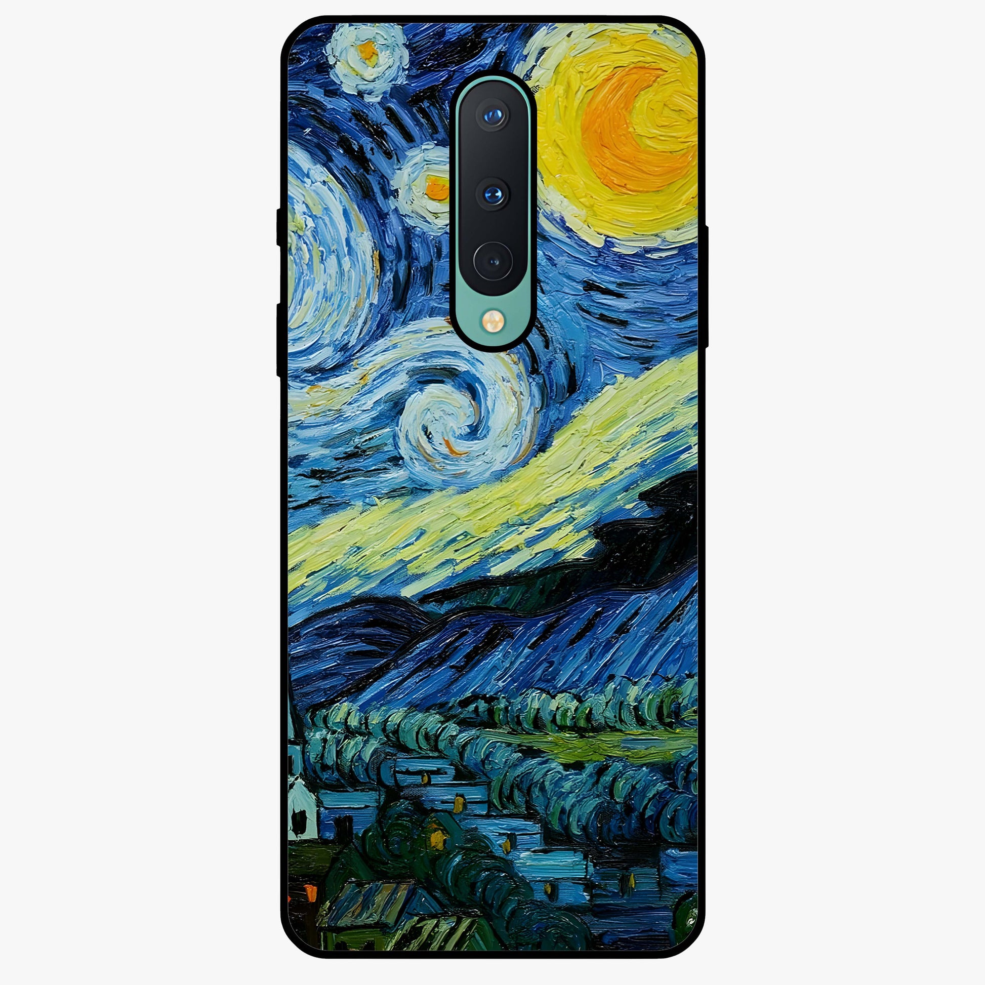 Van Gogh Art Glass Case showing flat back view with classic painterly artwork inspired by Van Gogh style and glossy glass finish.