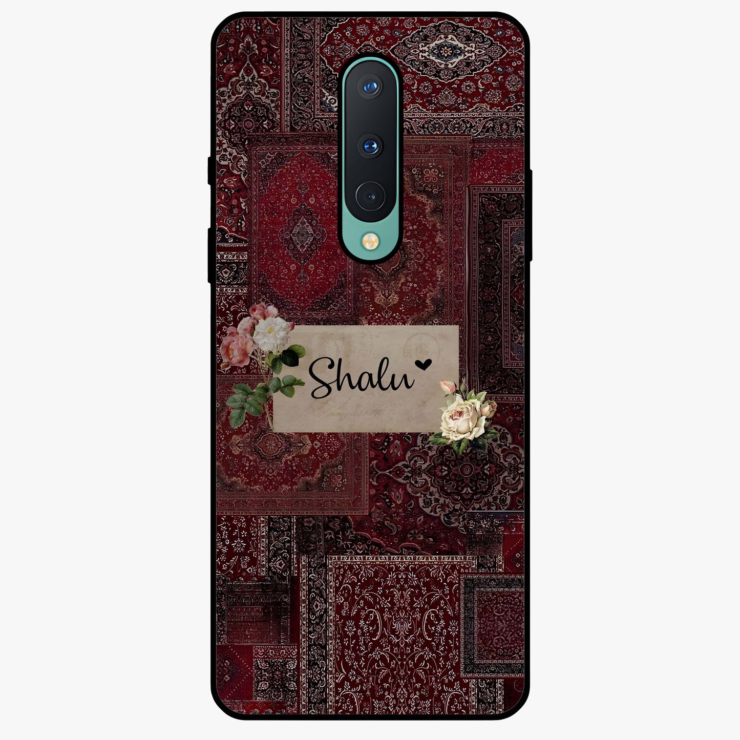 Velvet Wine Pattern Custom Name Glass Case showing flat back view with elegant wine colored pattern artwork and personalized name design.