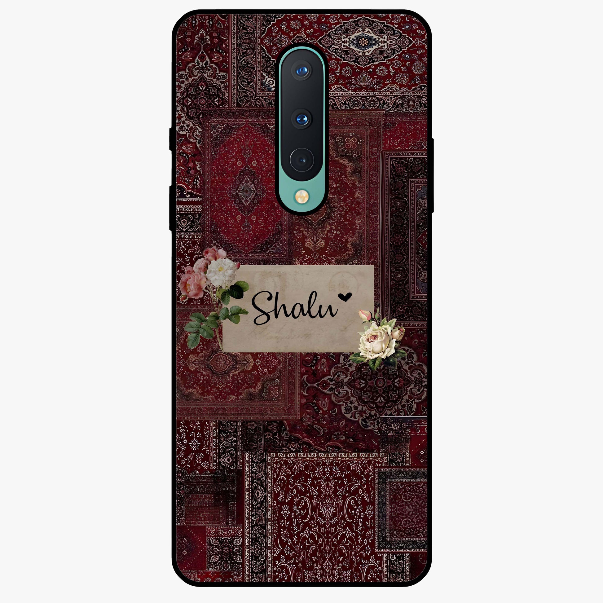 Velvet Wine Pattern Custom Name Glass Case showing flat back view with elegant wine colored pattern artwork and personalized name design.