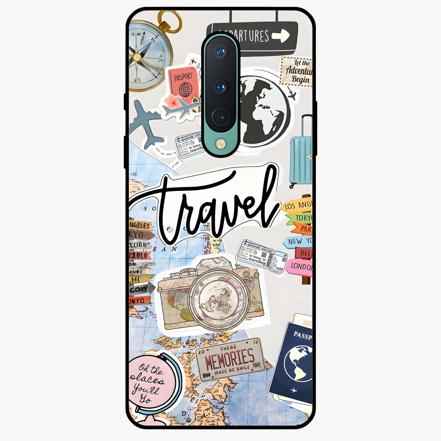 Wanderlust Journal Glass Case showing flat back view with travel inspired artwork and glossy glass finish.