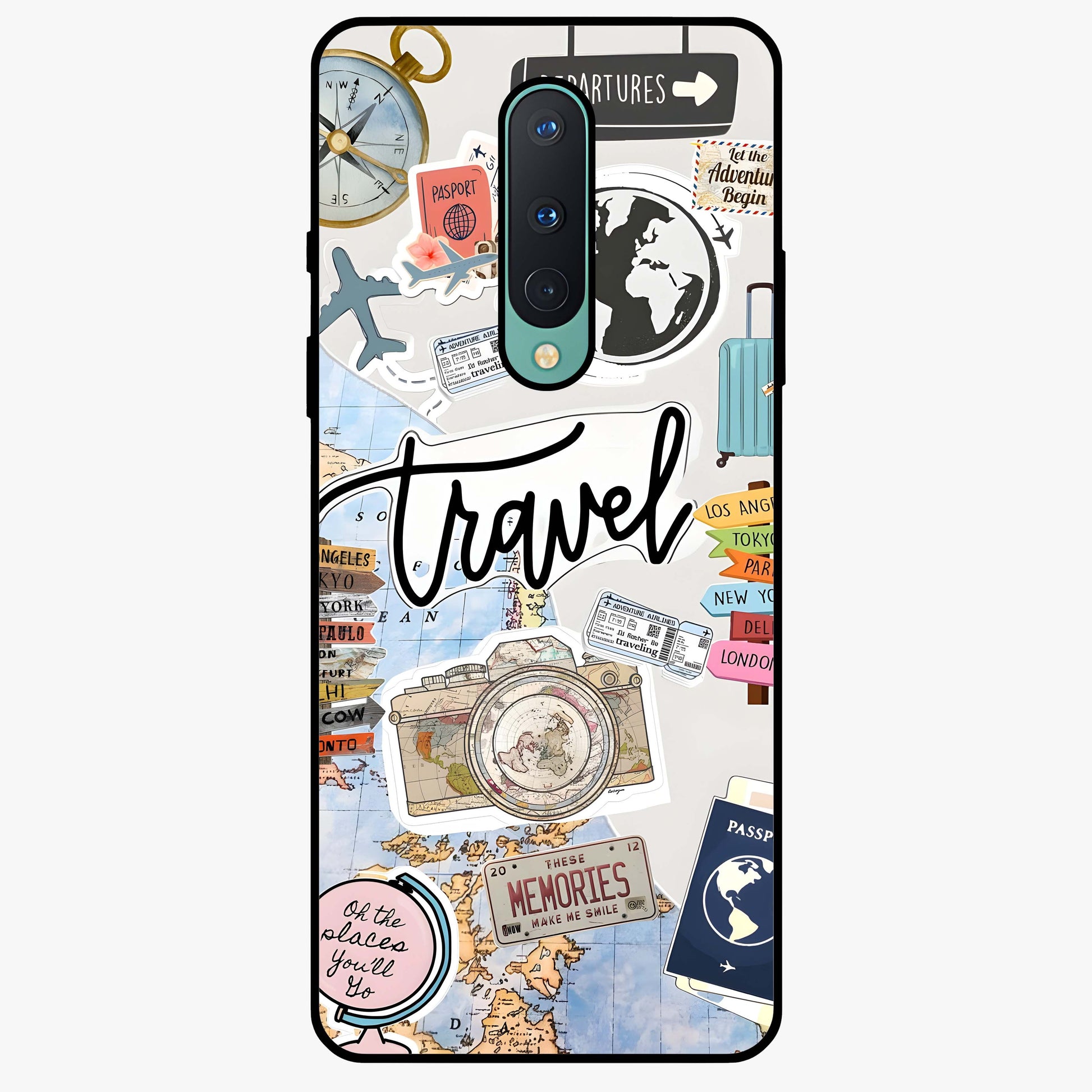 Wanderlust Journal Glass Case showing flat back view with travel inspired artwork and glossy glass finish.