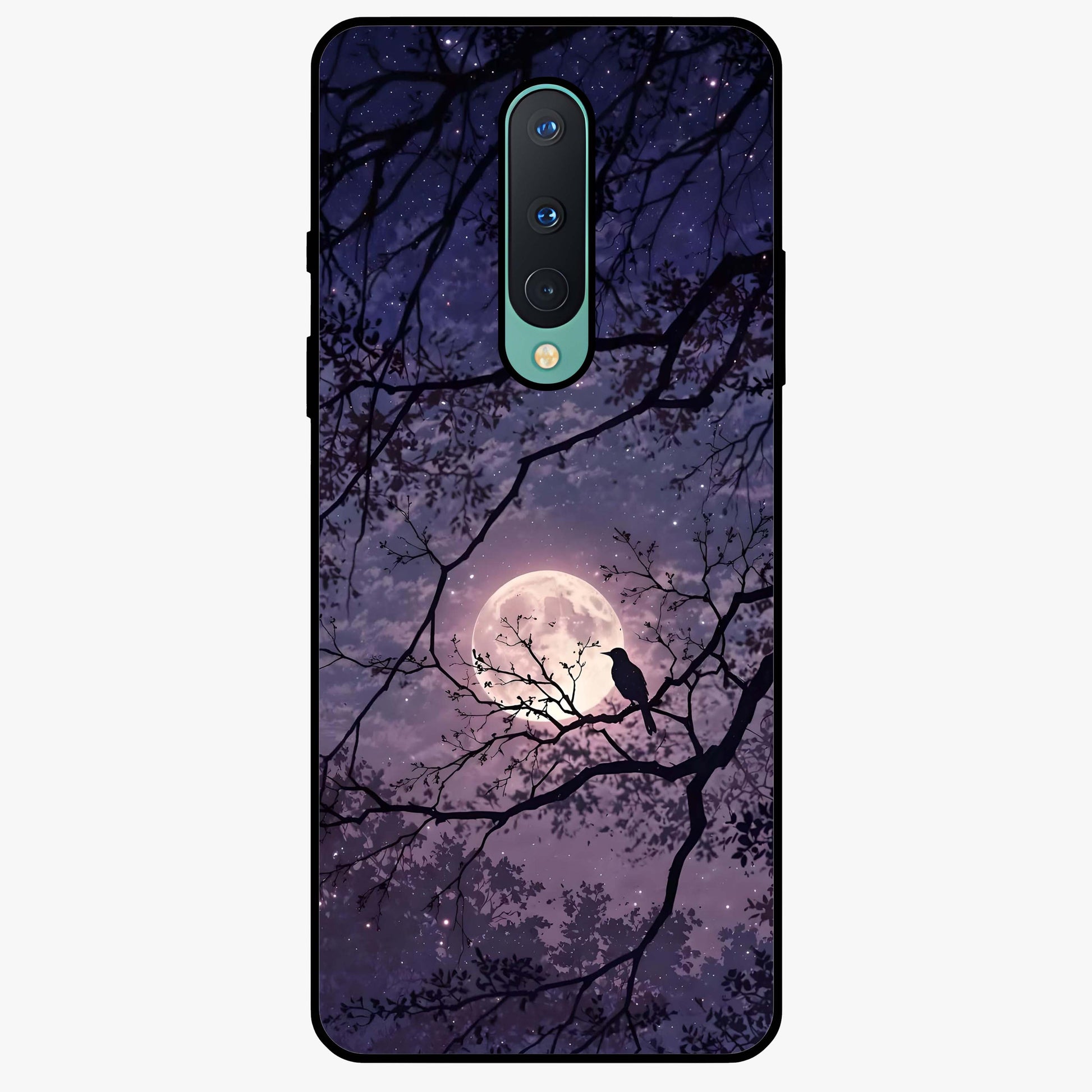 Whispering Moon Silence Glass Case showing flat back view with serene moon themed artwork and glossy glass finish.