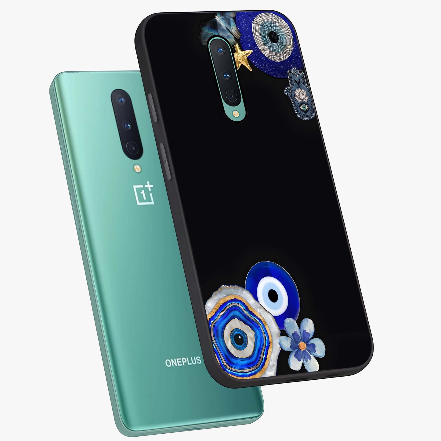 Aesthetic Blue Evil Eye Glass Case displayed in angled mockup highlighting blue evil eye symbol and spiritual aesthetic design.