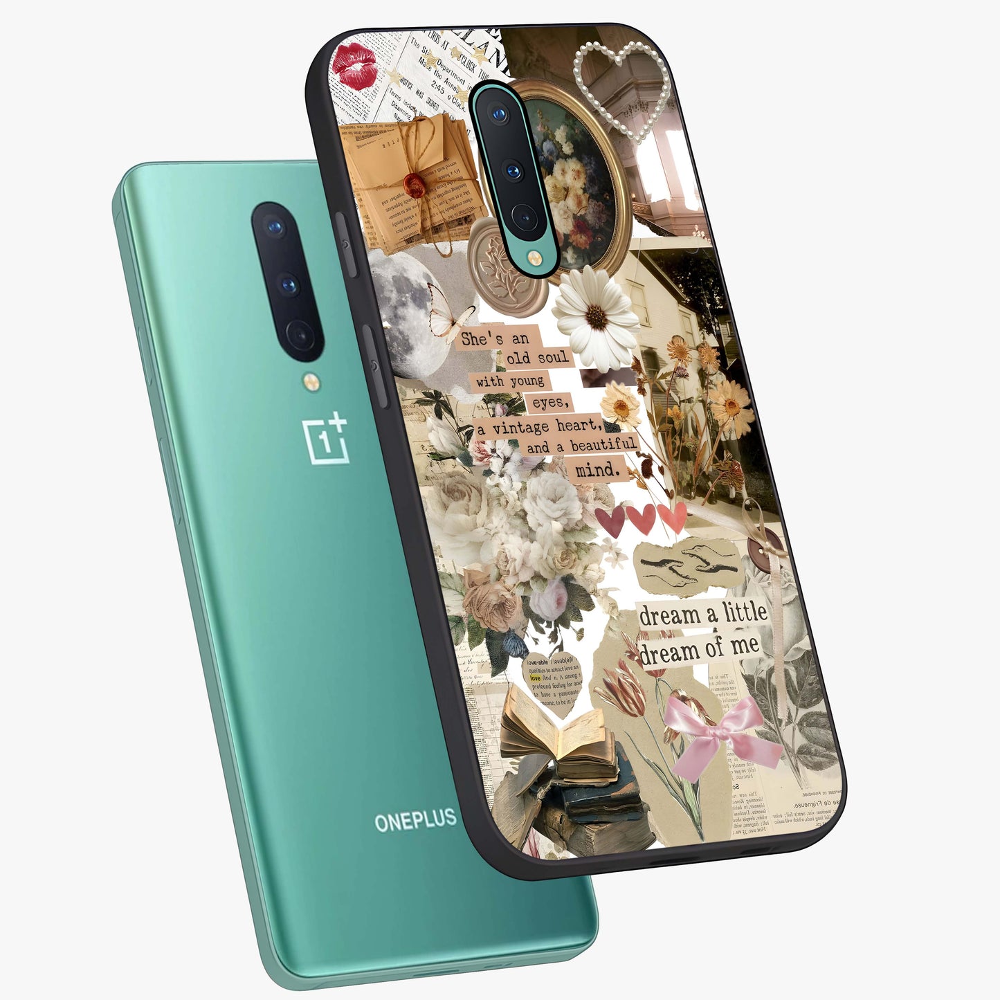 Aesthetic Brown Vintage Collage Glass Case displayed in angled mockup highlighting vintage aesthetic collage design.