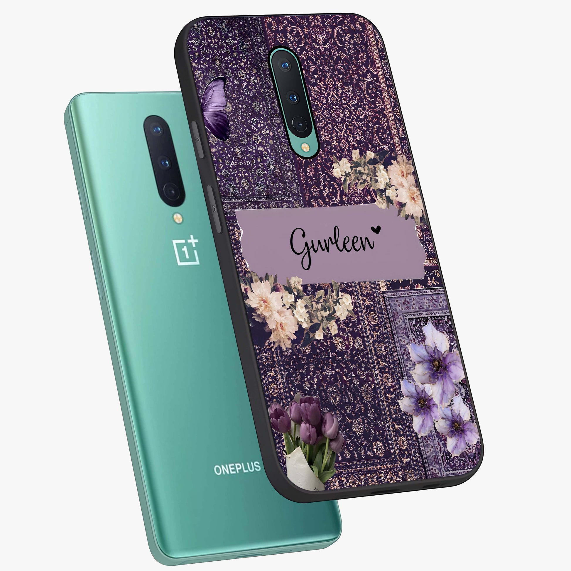 Antique Floral Whisper Custom Name Glass Case displayed in angled mockup highlighting elegant antique floral aesthetic.