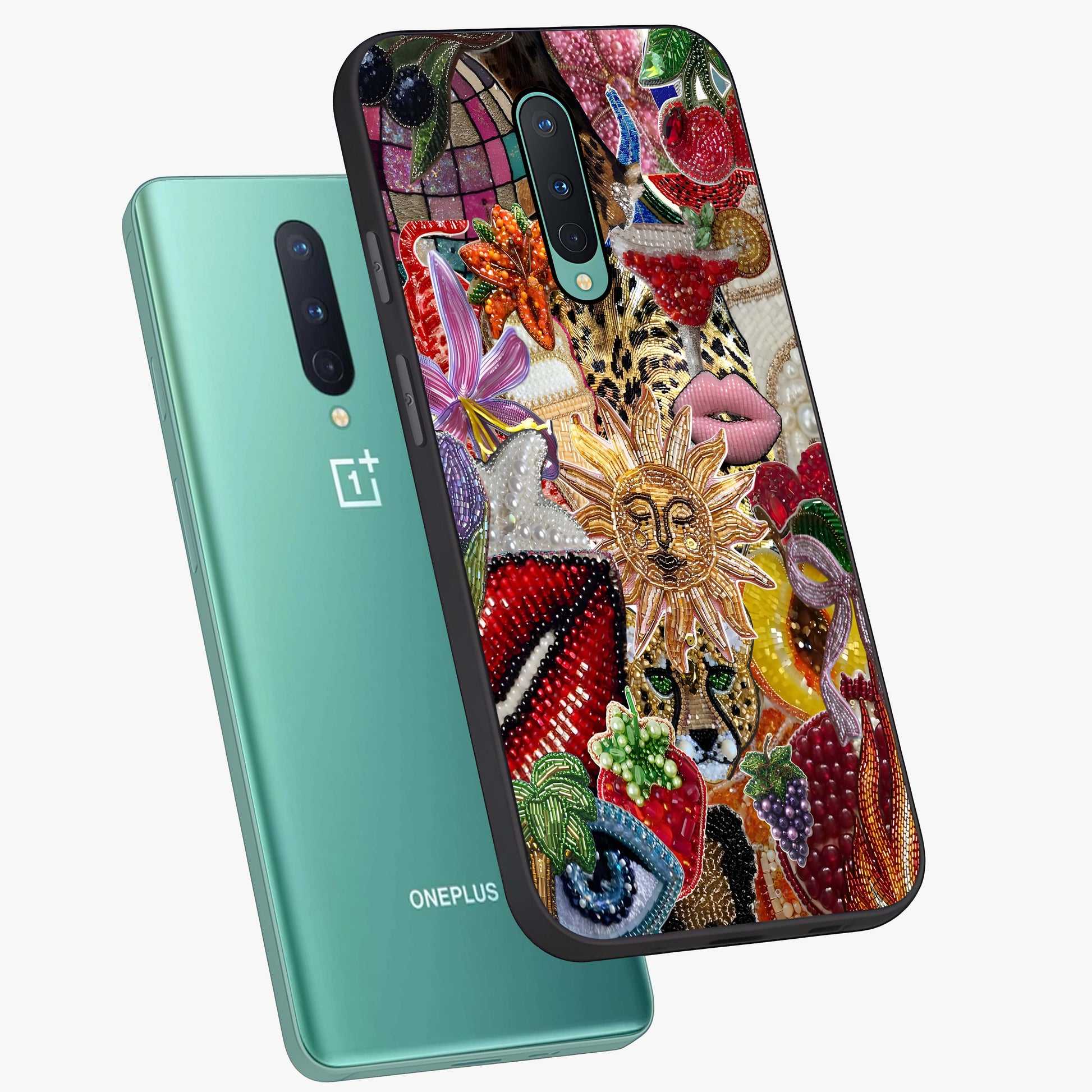Beaded Fashion Jungle Glass Case displayed in angled mockup highlighting colorful fashion bead design and artistic pattern.