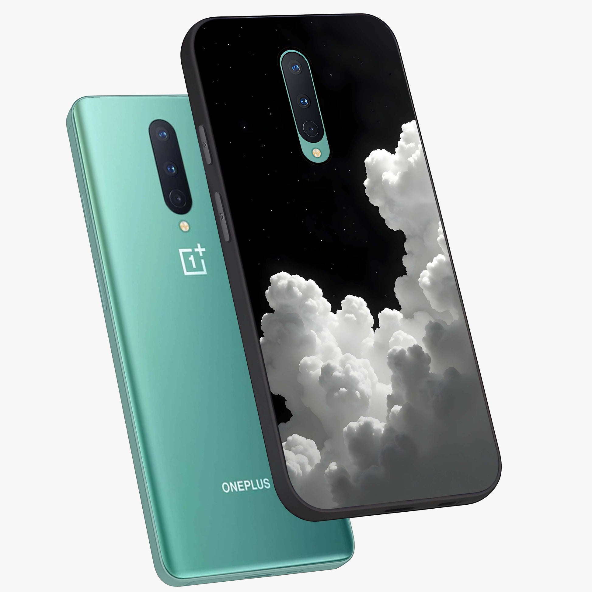 Black Background With White Cloud Glass Case displayed in angled mockup highlighting soft white cloud illustration and minimal design.