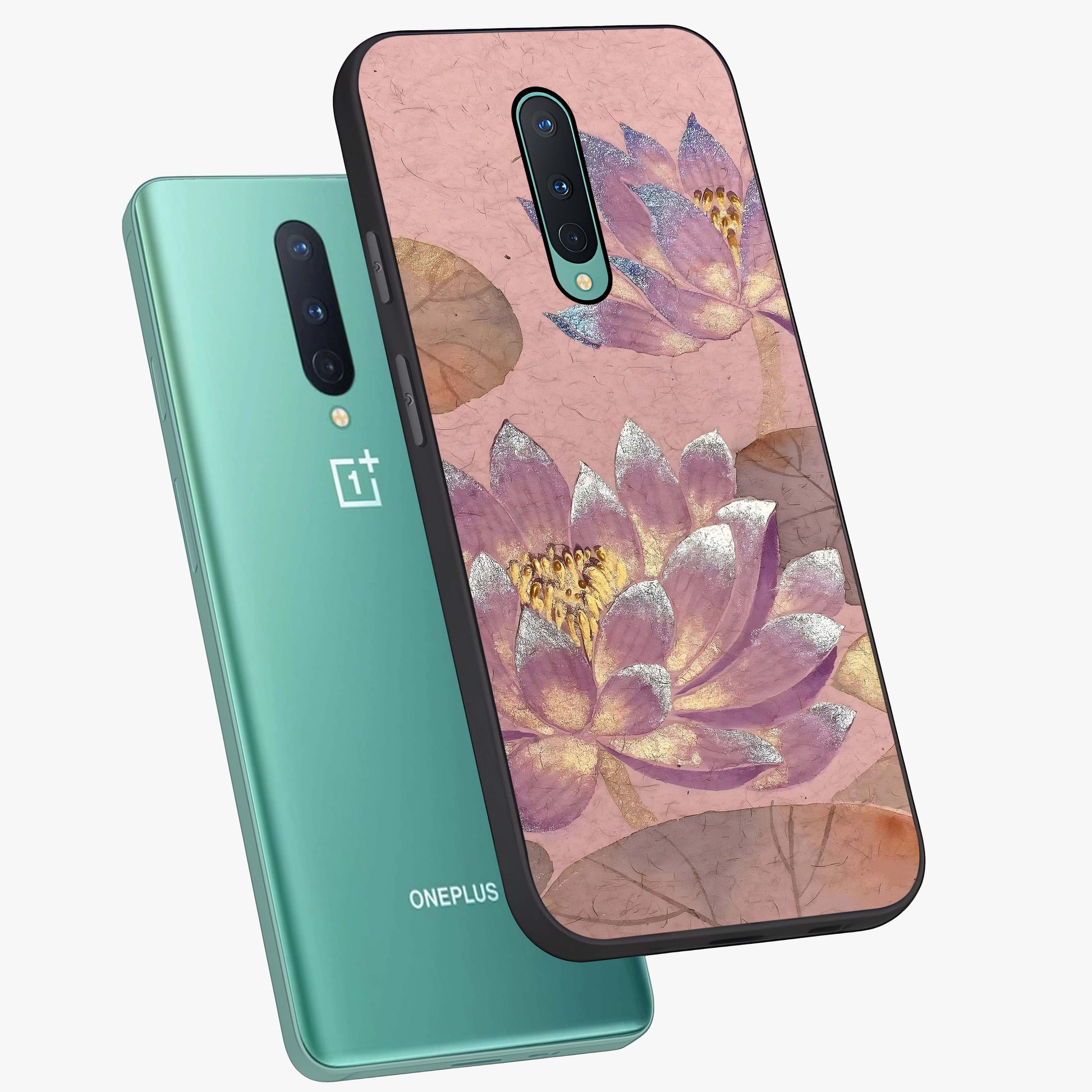 Blossom Mist Lotus Glass Case displayed in angled mockup highlighting delicate lotus illustration with calm aesthetic theme.