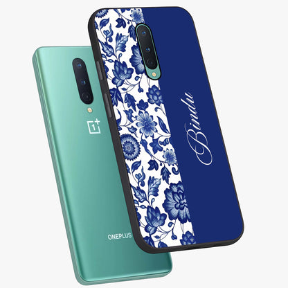 Blue Vintage Floral Pattern Glass Case displayed in angled mockup highlighting subtle bloom pattern with aesthetic pastel design.