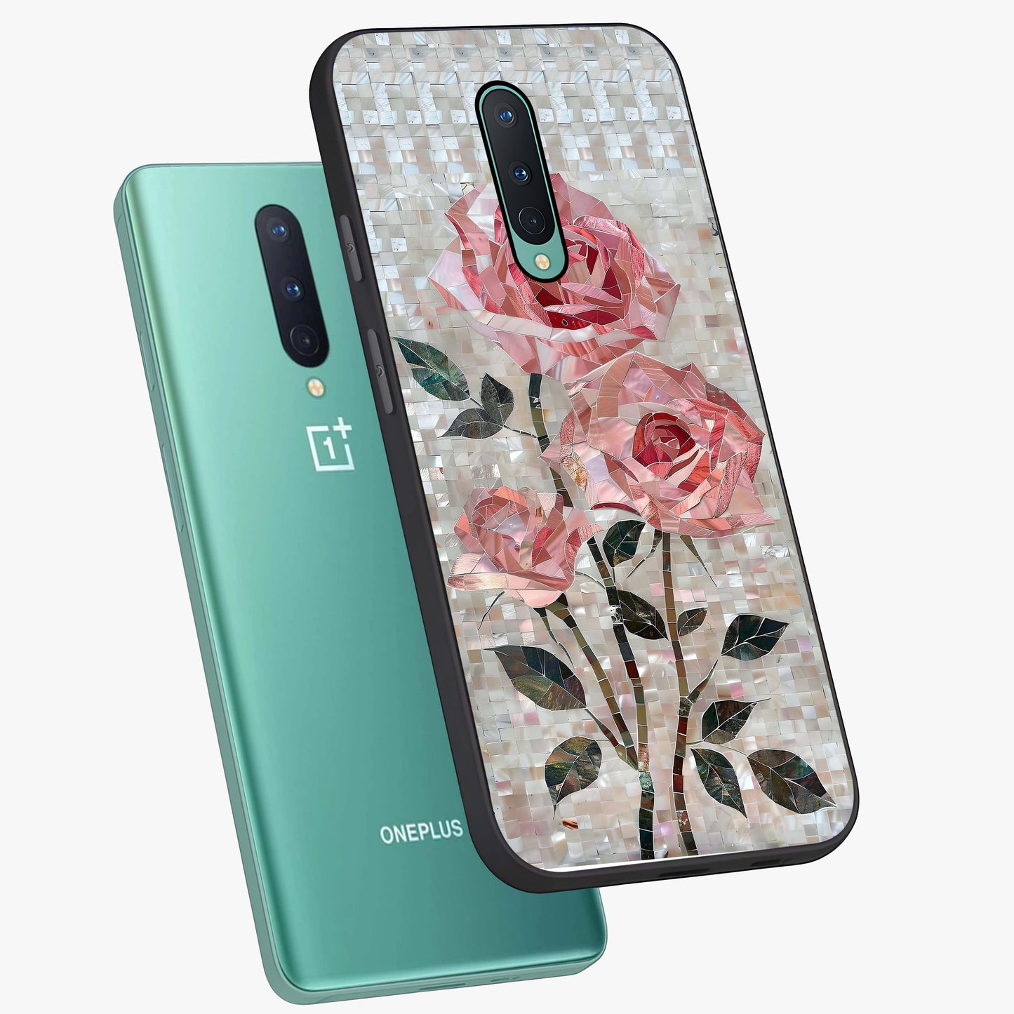 Blush Mosaic Bloom Glass Case displayed in angled mockup highlighting artistic mosaic flower pattern with aesthetic design.