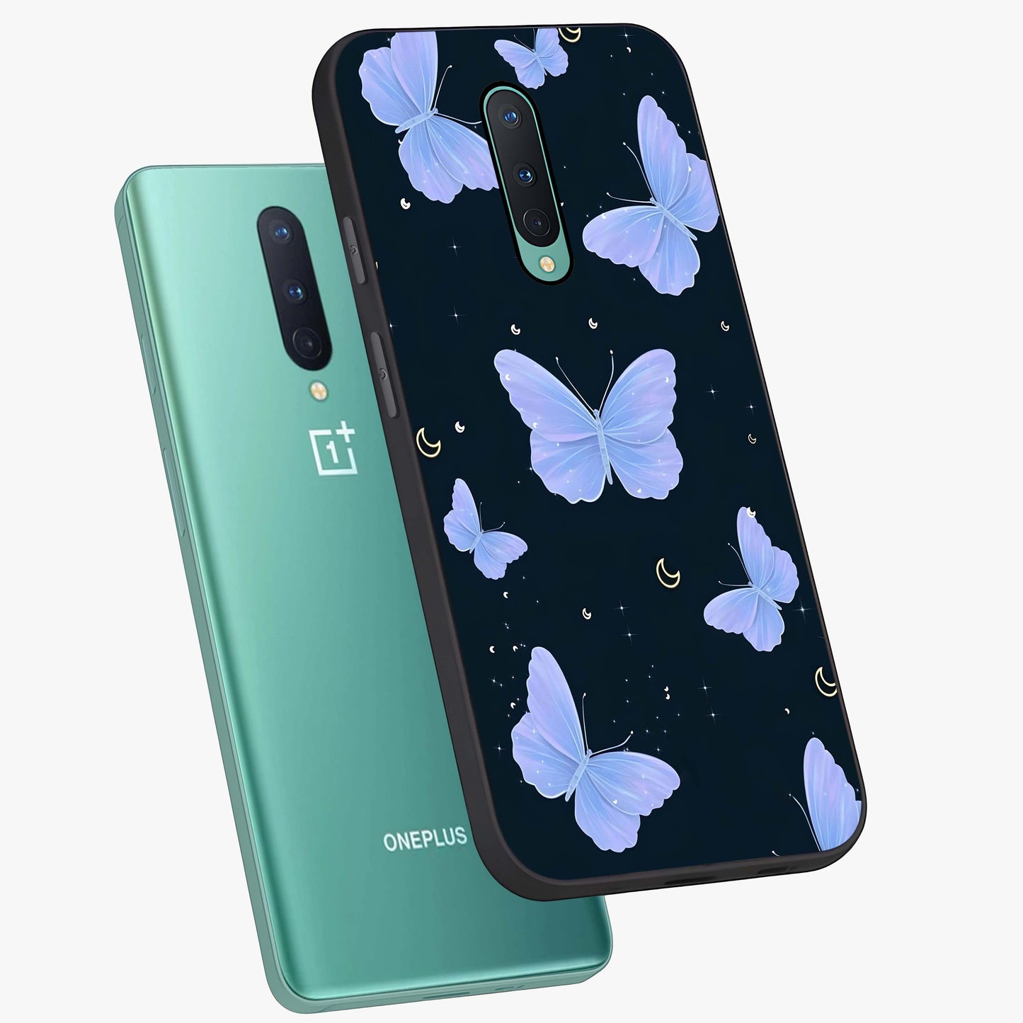Butterfly With Stars Pattern Glass Case displayed in angled mockup highlighting dreamy butterfly and star design with aesthetic theme.