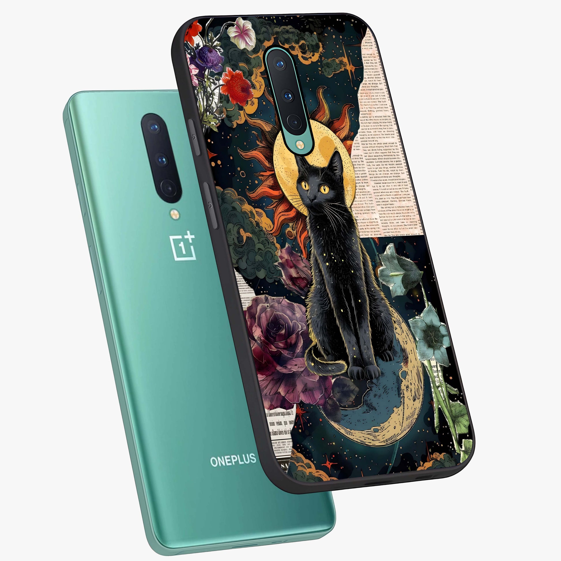 Celestial Black Cat Glass Case displayed in angled mockup highlighting cosmic black cat design with celestial aesthetic.