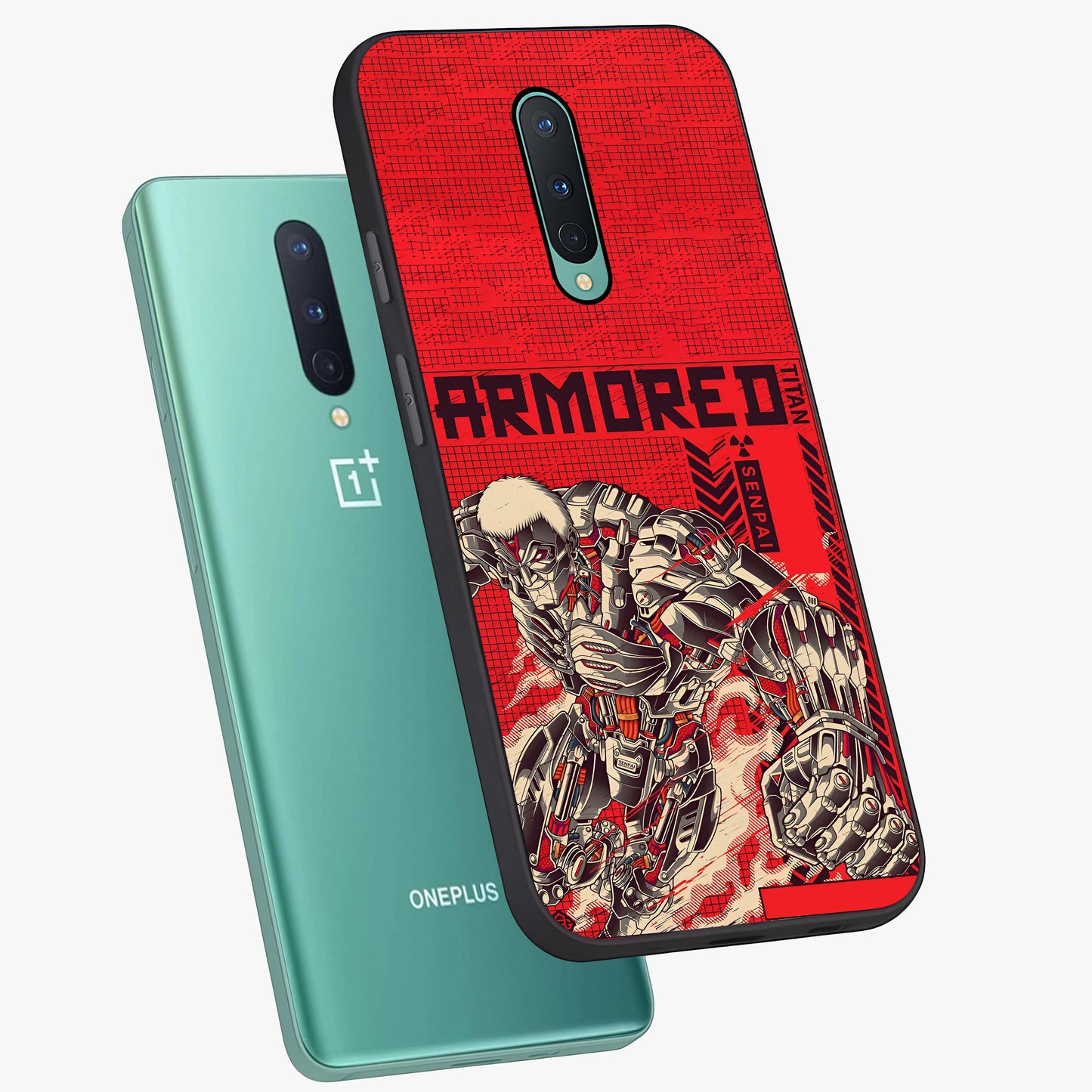 Crimson Mecha Titan Glass Case displayed in angled mockup highlighting futuristic mech illustration with bold crimson aesthetic.