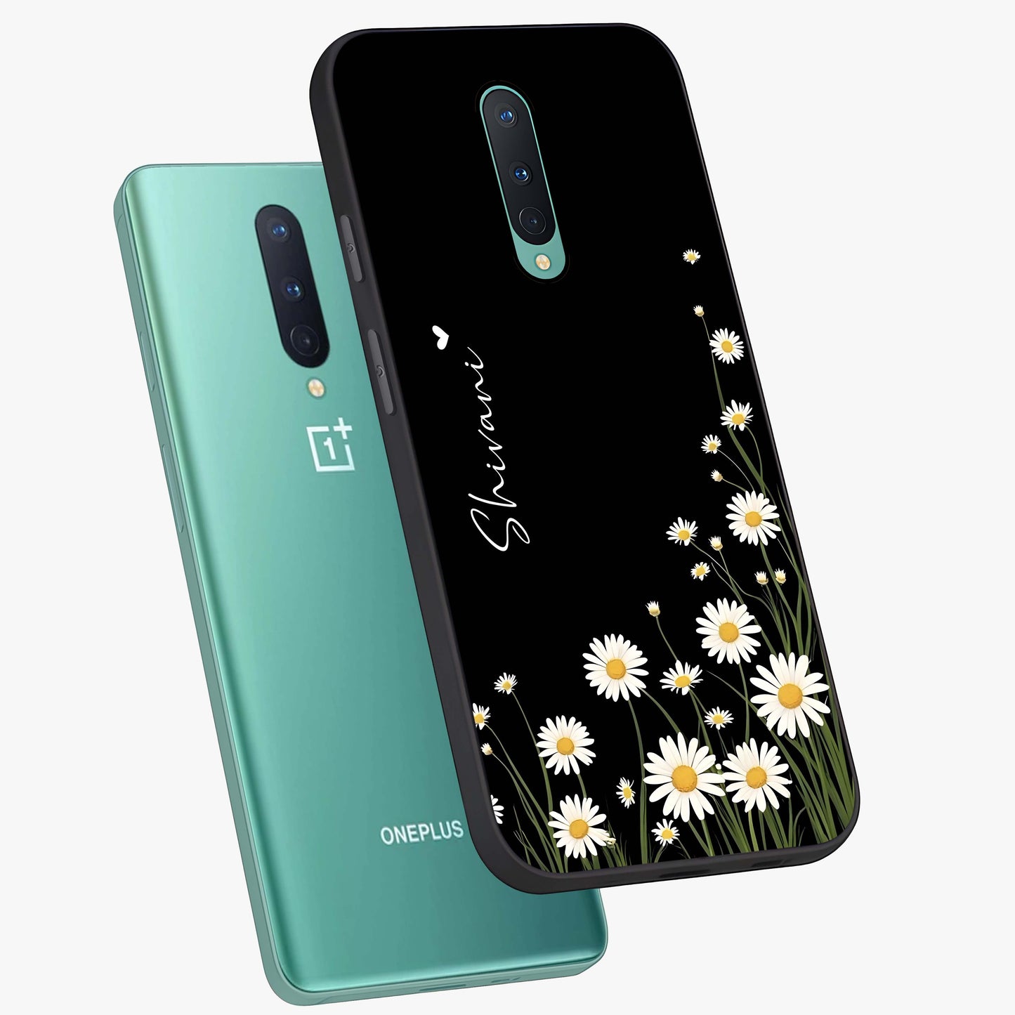 Daisy Cascade Custom Name Glass Case displayed in angled mockup highlighting delicate daisy artwork with custom name feature.