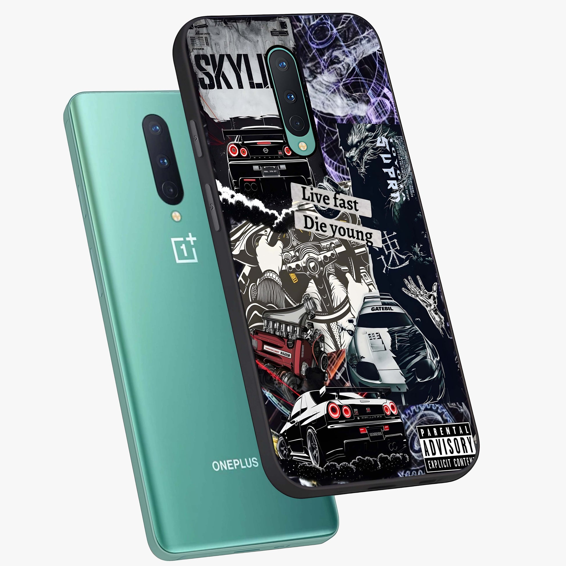 Die Young Glass Case displayed in angled mockup highlighting expressive graphic artwork with edgy aesthetic style.