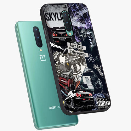 Die Young Glass Case displayed in angled mockup highlighting expressive graphic artwork with edgy aesthetic style.