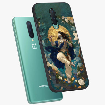 Divine Krishna Art Glass Case displayed in angled mockup highlighting spiritual Krishna illustration with devotional aesthetic.