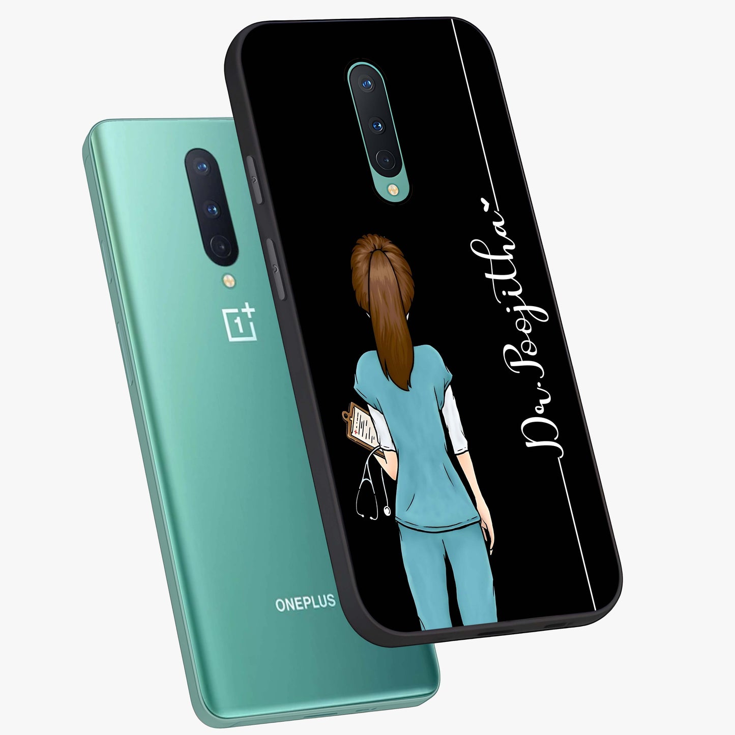 Doctor Pattern Custom Name Glass Case displayed in angled mockup highlighting doctor inspired artwork with custom name feature.