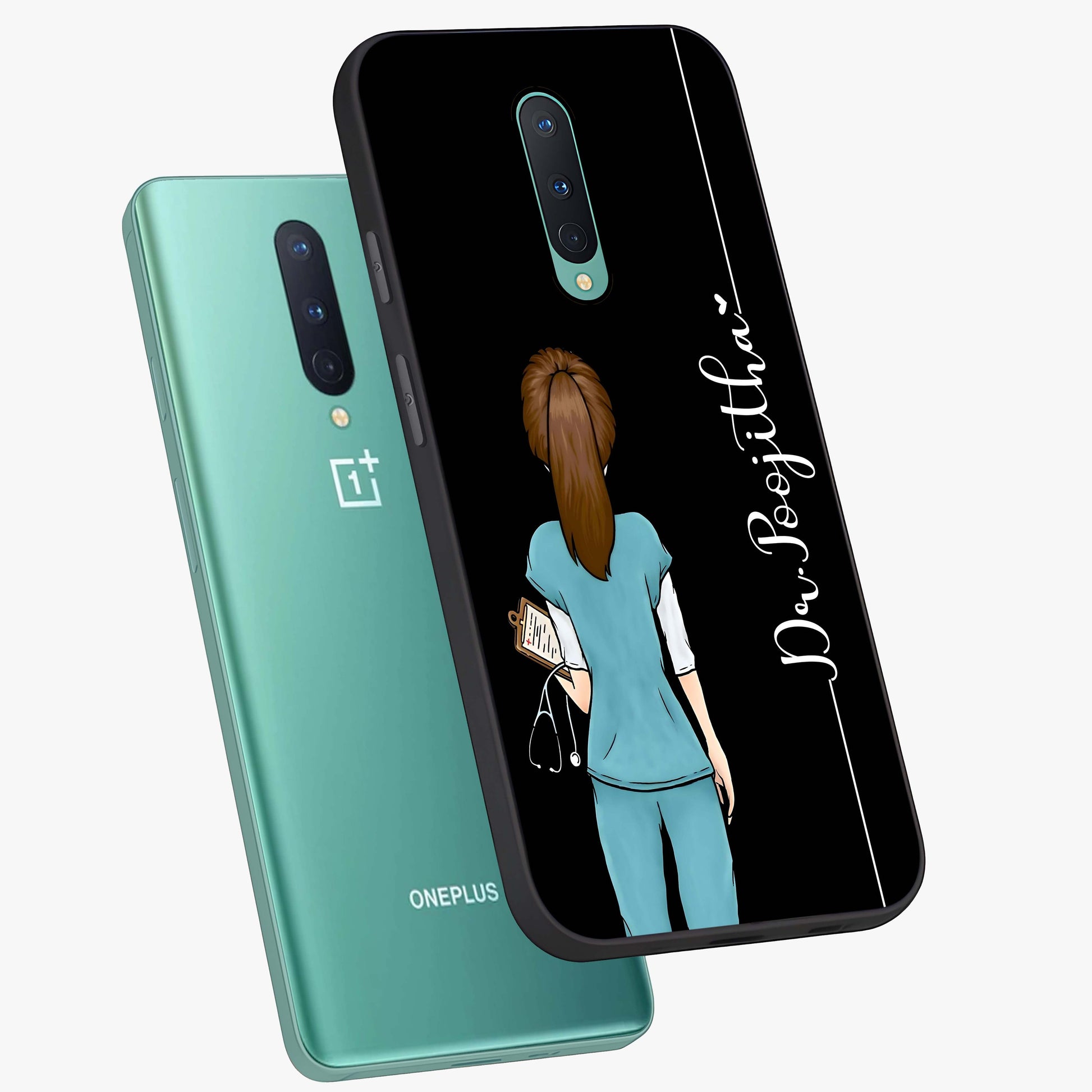 Doctor Pattern Custom Name Glass Case displayed in angled mockup highlighting doctor inspired artwork with custom name feature.