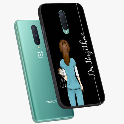 Doctor Pattern Custom Name Glass Case displayed in angled mockup highlighting doctor inspired artwork with custom name feature.