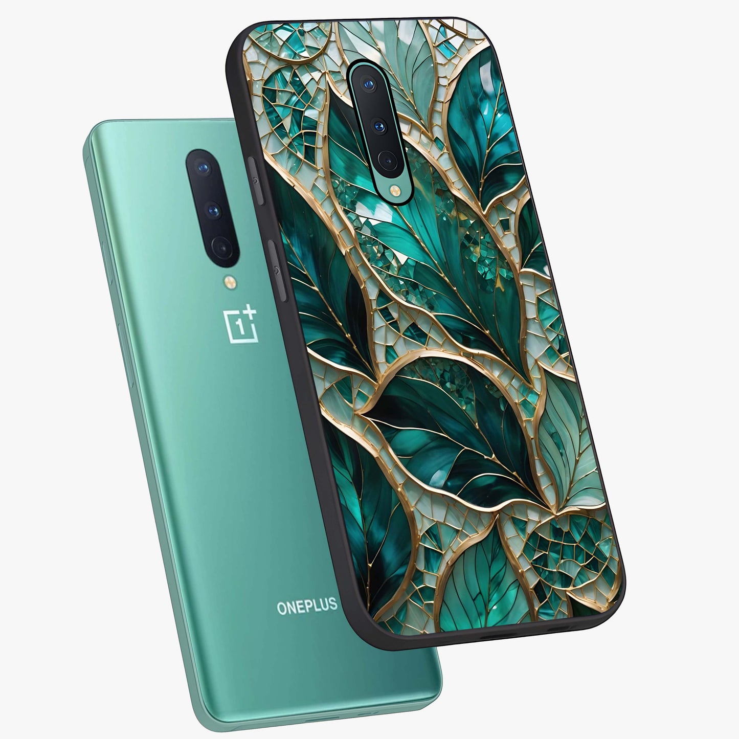 Emerald Leaf Glass Glass Case displayed in angled mockup highlighting botanical leaf illustration with elegant natural aesthetic.