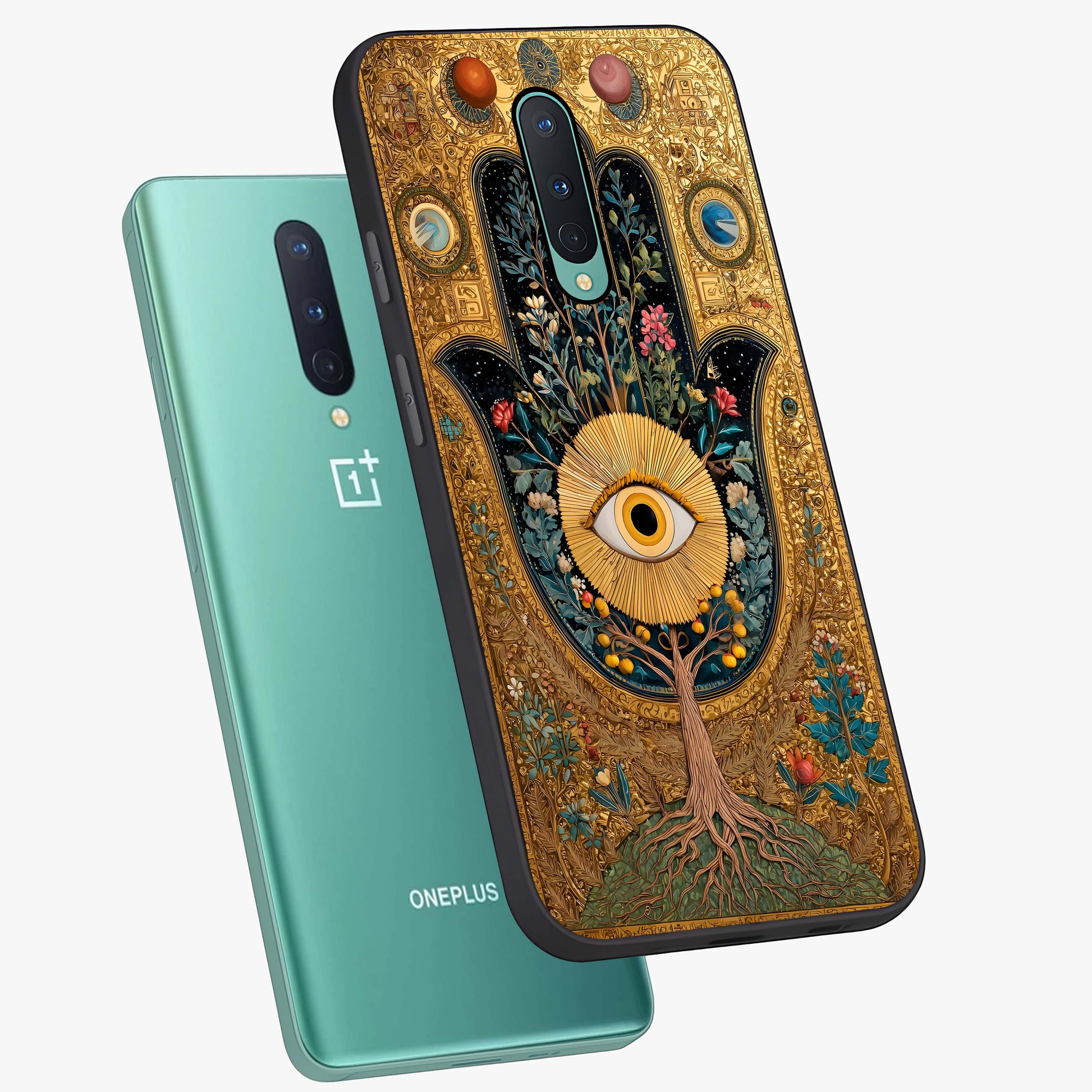 Ethereal Evil Eye Glass Case displayed in angled mockup highlighting protective evil eye symbol with spiritual aesthetic design.