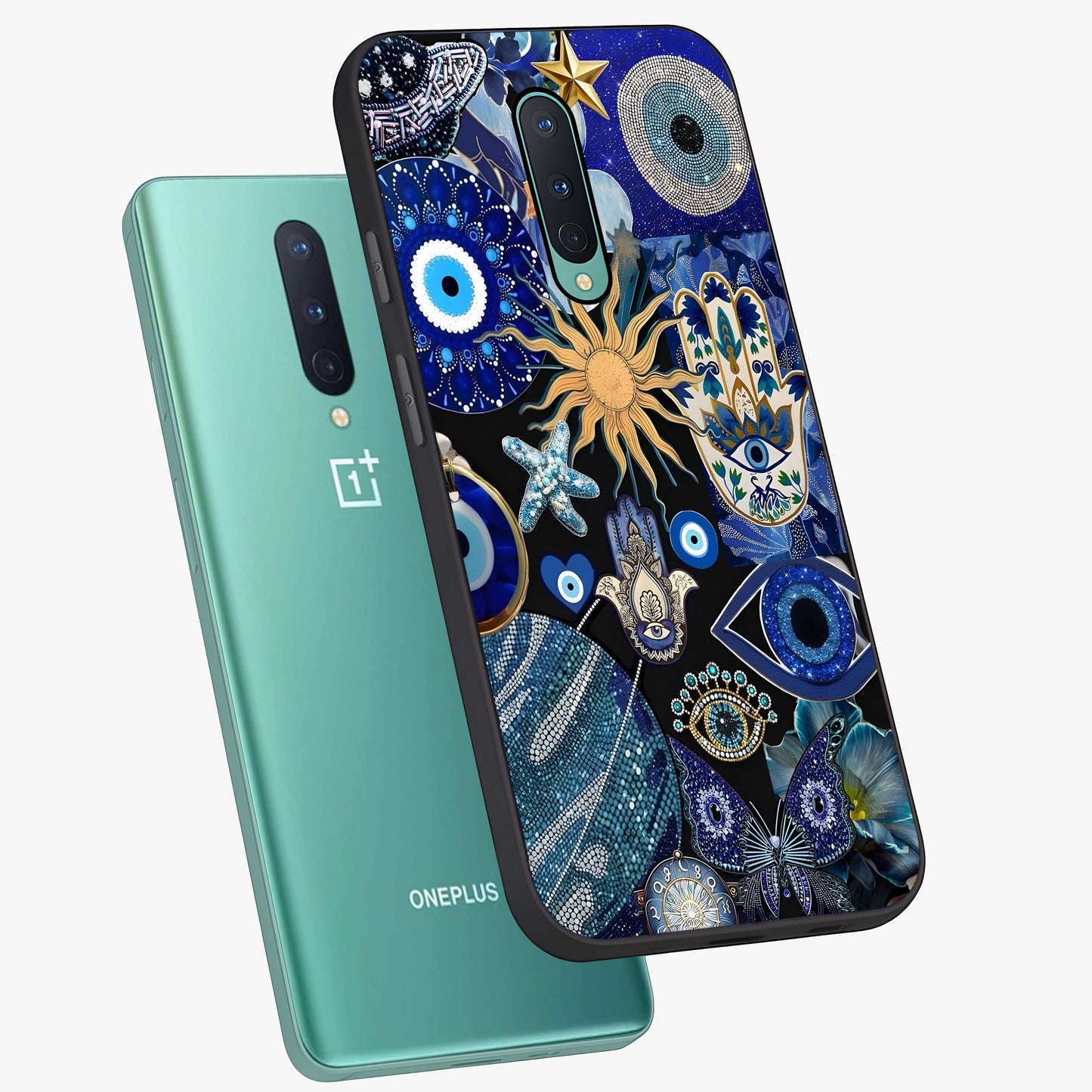 Evil Eye Charm Mix Glass Case displayed in angled mockup highlighting protective evil eye symbols with spiritual aesthetic design.