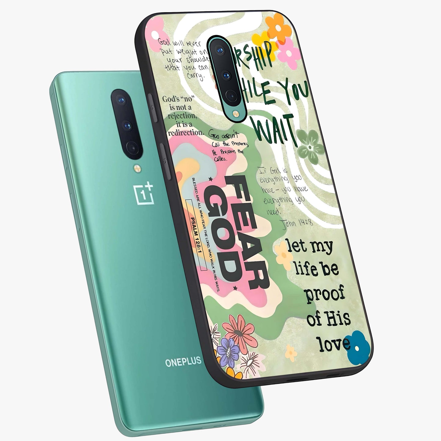 Faith Over Fear Glass Case displayed in angled mockup highlighting inspirational message design with modern aesthetic style.