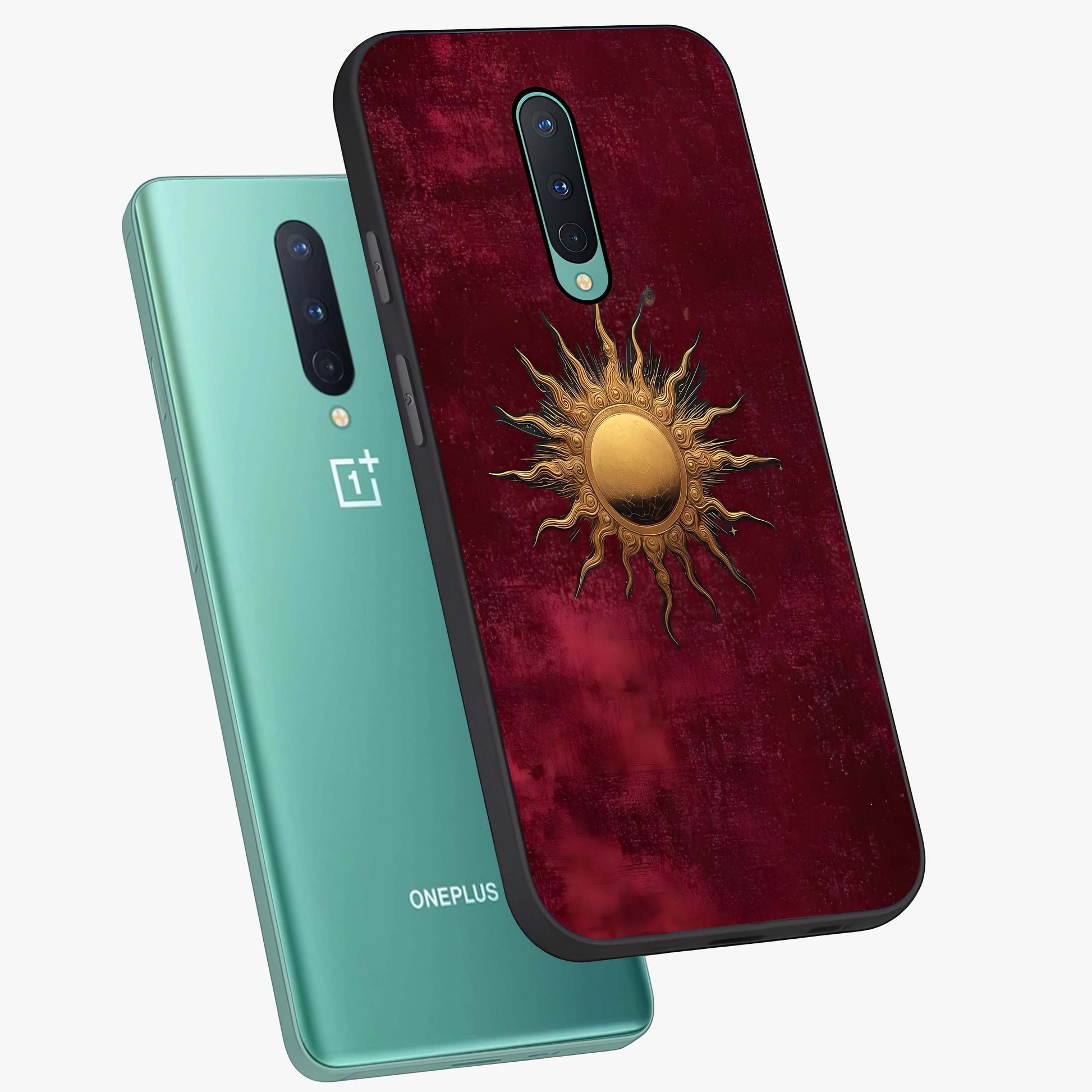 Golden Sun Minimalism Glass Case displayed in angled mockup highlighting clean sun symbol design with modern minimal aesthetic.